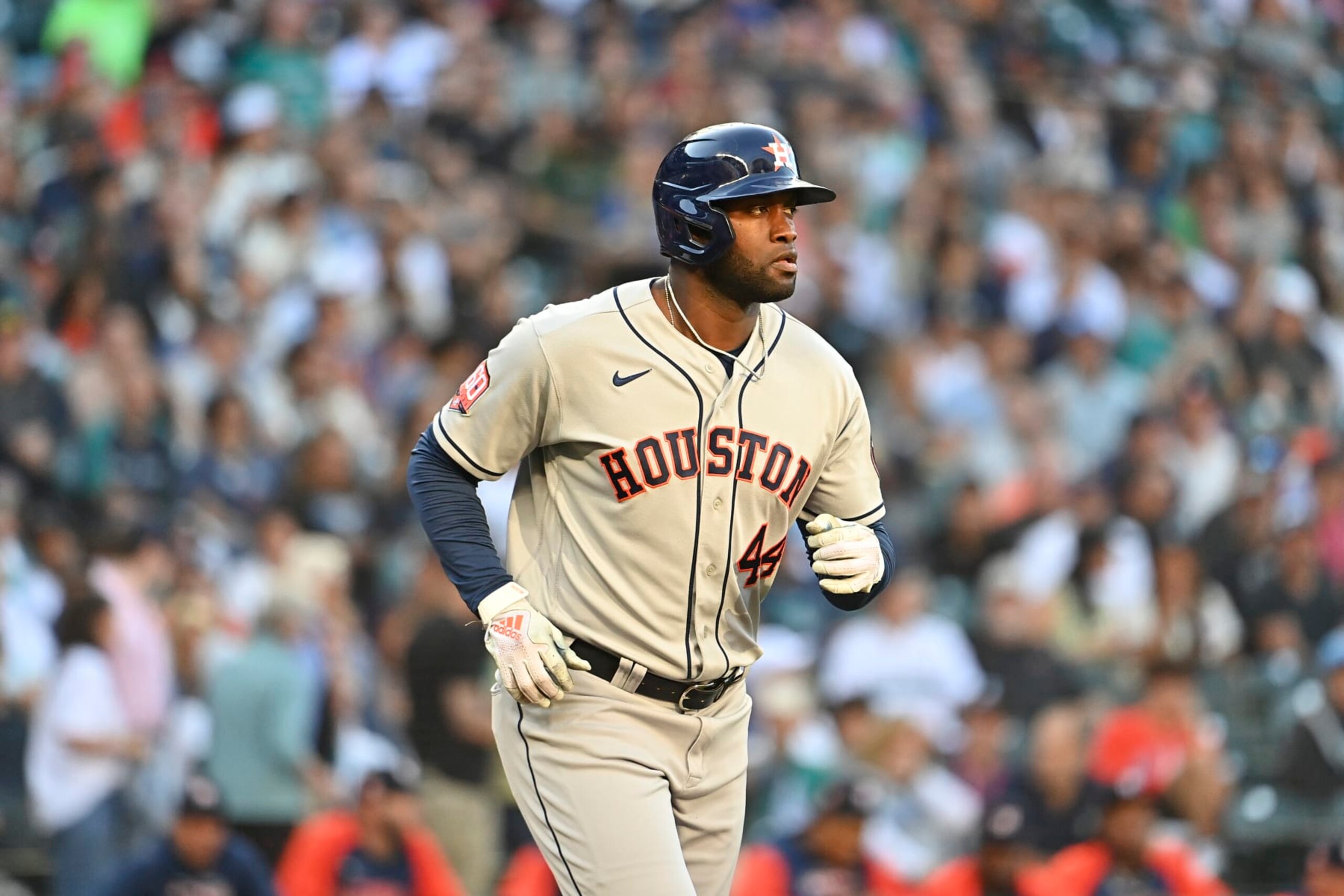 SEATTLE, WASHINGTON - JULY 22: Yordan Alvarez #44 of the Houston Astros walks to first base during the first inning against the Seattle Mariners at T-Mobile Park on July 22, 2022 in Seattle, Washington. (Photo by Alika Jenner/Getty Images)
