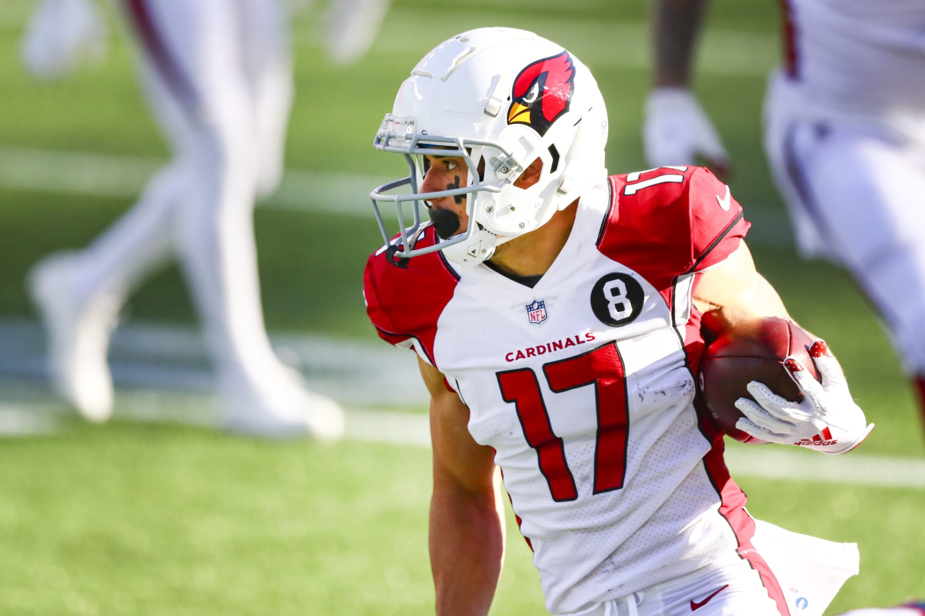 FOXBOROUGH, MASSACHUSETTS - NOVEMBER 29:  Andy Isabella #17 of the Arizona Cardinals runs with the ball during a game against the New England Patriots at Gillette Stadium on November 29, 2020 in Foxborough, Massachusetts. (Photo by Adam Glanzman/Getty Images)