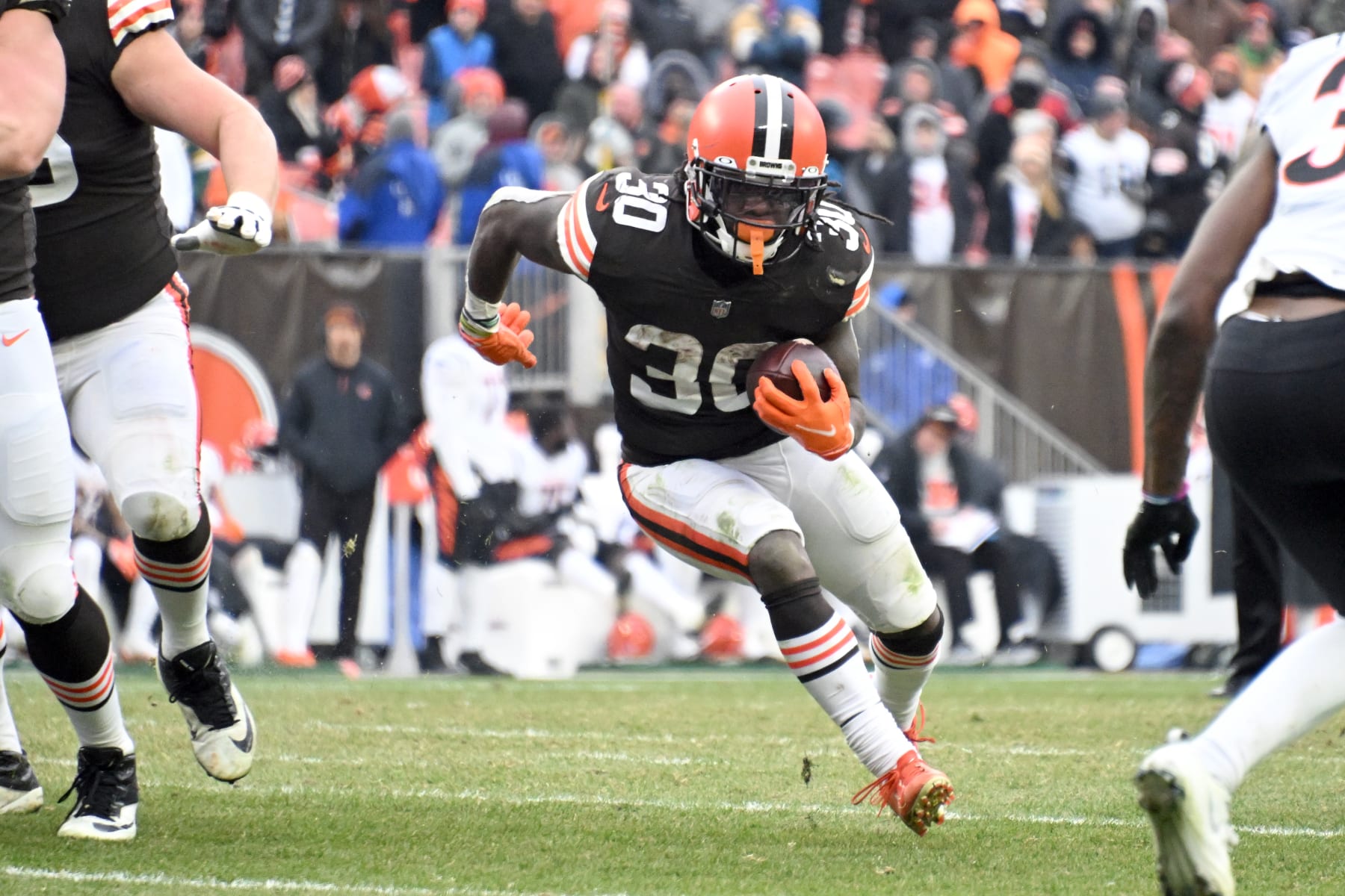 CLEVELAND, OHIO - JANUARY 09: Running back D'Ernest Johnson #30 of the Cleveland Browns runs for a gain during the second half against the Cincinnati Bengals at FirstEnergy Stadium on January 09, 2022 in Cleveland, Ohio. The Browns defeated the Bengals 21-16. (Photo by Jason Miller/Getty Images)