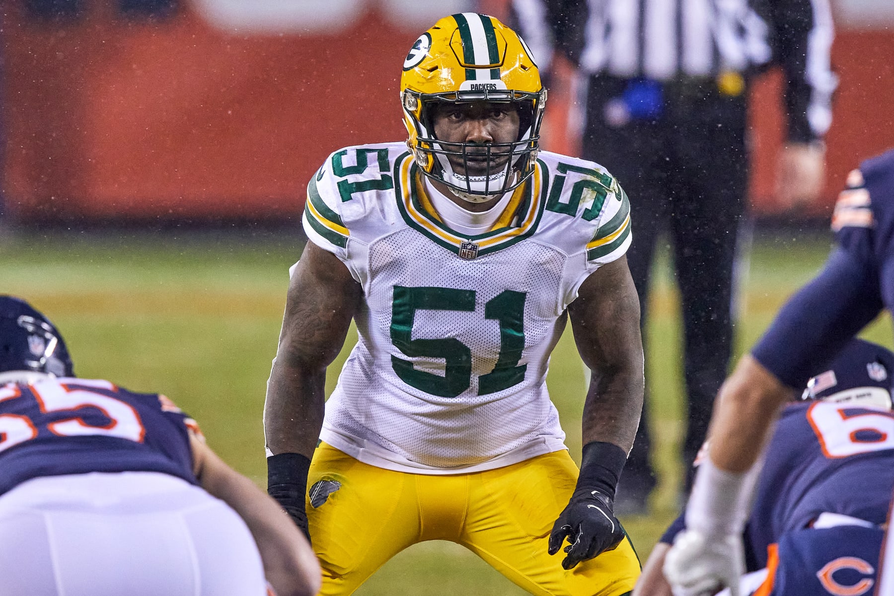 CHICAGO, IL - JANUARY 03: Green Bay Packers inside linebacker Krys Barnes (51) looks on in action during a game between the Chicago Bears and the Green Bay Packers on January 03, 2021 at Soldier Field in Chicago, IL. (Photo by Robin Alam/Icon Sportswire via Getty Images)