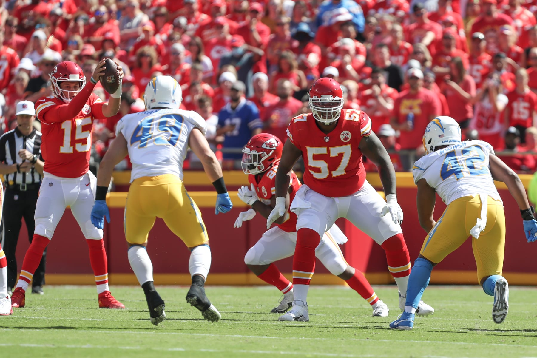 KANSAS CITY, MO - SEPTEMBER 26: Kansas City Chiefs offensive tackle Orlando Brown (57) looks to block a defender in the second quarter of an AFC West matchup between the Los Angeles Chargers and Kansas City Chiefs on Sep 26, 2021 at GEHA Filed at Arrowhead Stadium in Kansas City, MO. (Photo by Scott Winters/Icon Sportswire via Getty Images)
