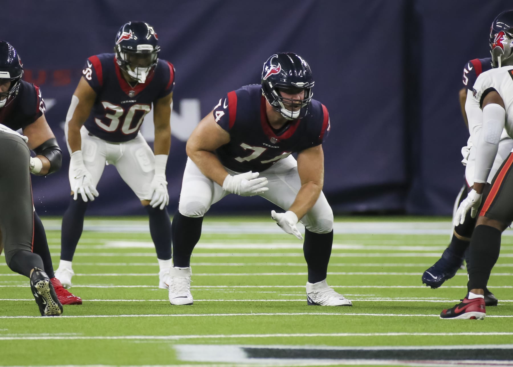 HOUSTON, TX - AUGUST 28:  Houston Texans offensive guard Max Scharping (74) waits for the snap of the ball during the preseason football game between the Tampa Bay Buccaneers and Houston Texans on August 28, 2021 at NRG Stadium in Houston, Texas.  (Photo by Leslie Plaza Johnson/Icon Sportswire via Getty Images)