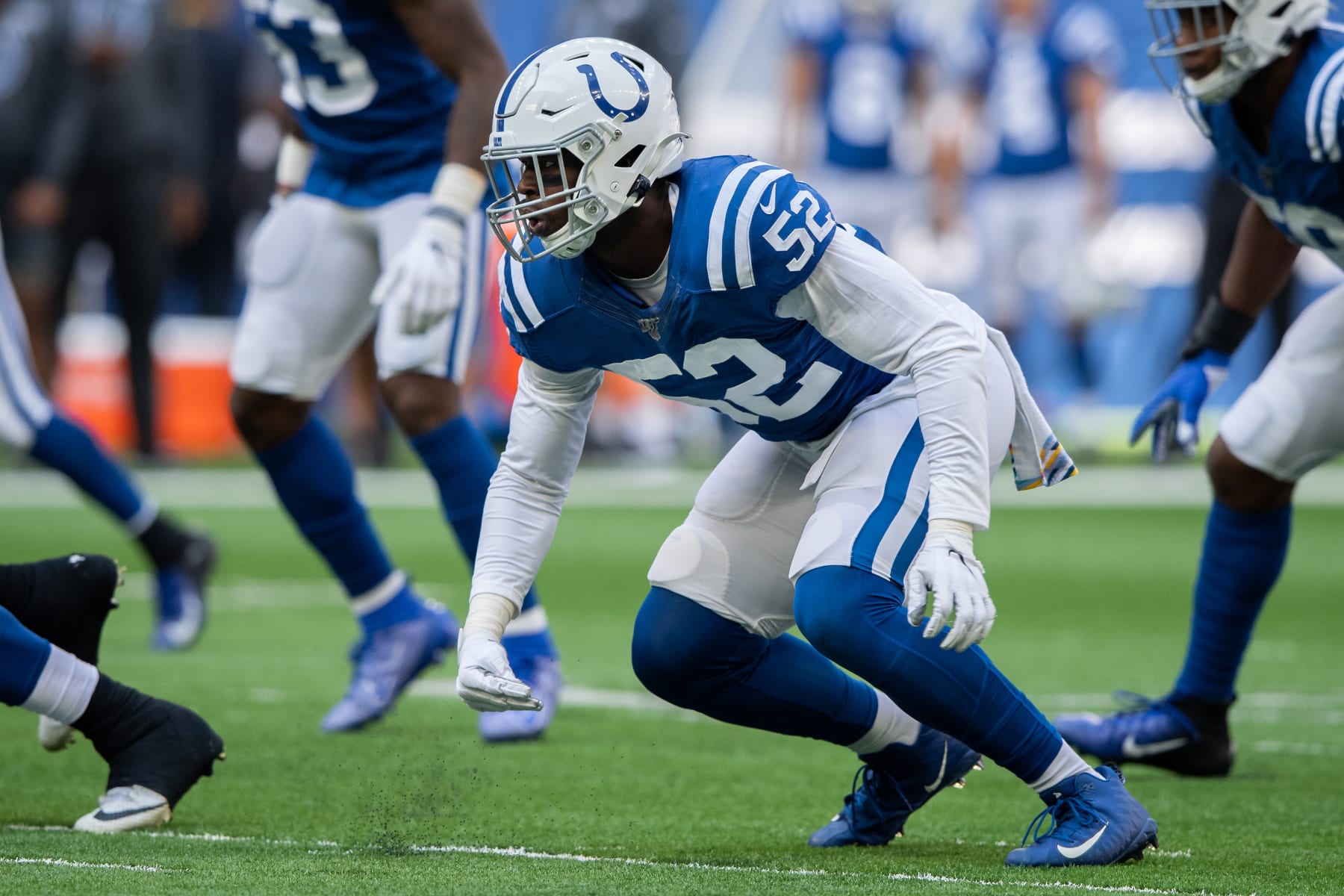 INDIANAPOLIS, IN - OCTOBER 20: Indianapolis Colts linebacker Ben Banogu (52) rushes into the backfield during the NFL game between the Houston Texans and the Indianapolis Colts on October 20, 2019 at Lucas Oil Stadium, in Indianapolis, IN. (Photo by Zach Bolinger/Icon Sportswire via Getty Images)