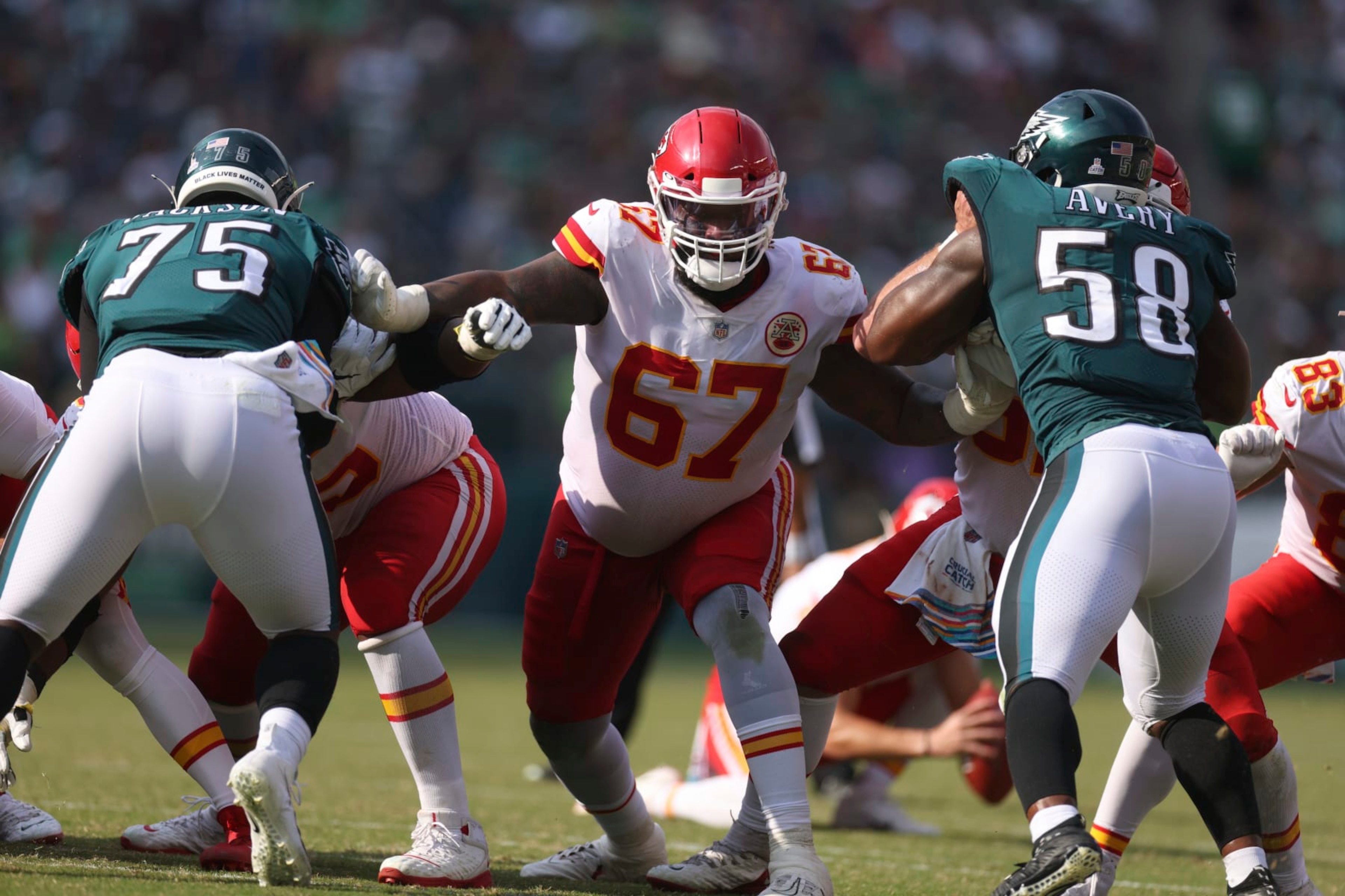 Football: Kansas City Chiefs Lucas Niang (67) in action vs Philadelphia Eagles at  Lincoln Financial Field. Philadelphia, PA 10/3/2021 CREDIT: Simon Bruty (Photo by Simon Bruty/Sports Illustrated via Getty Images) (Set Number: X163819 TK1)