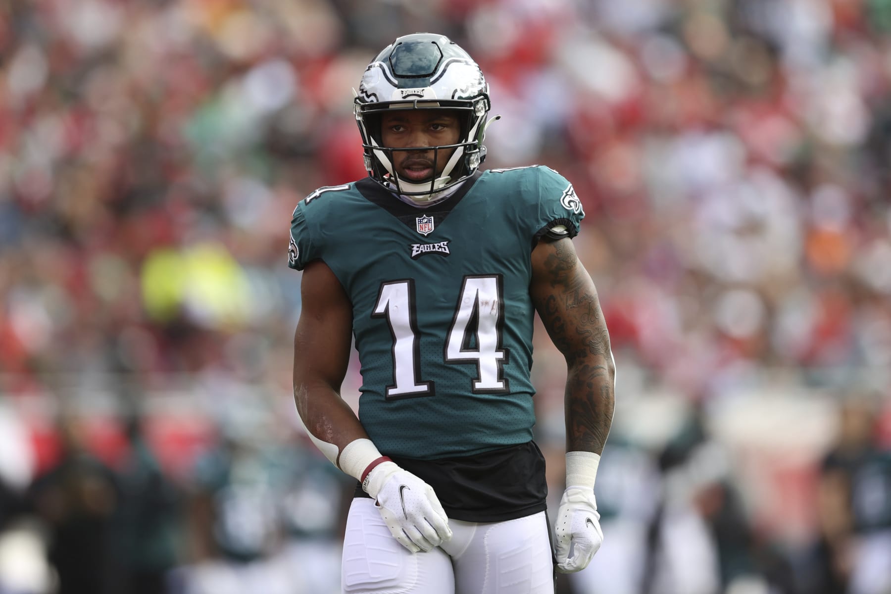 Philadelphia Eagles running back Kenneth Gainwell (14) during the first half of an NFL wild-card football game against the Tampa Bay Buccaneers Sunday, Jan. 16, 2022, in Tampa, Fla. (AP Photo/Mark LoMoglio)