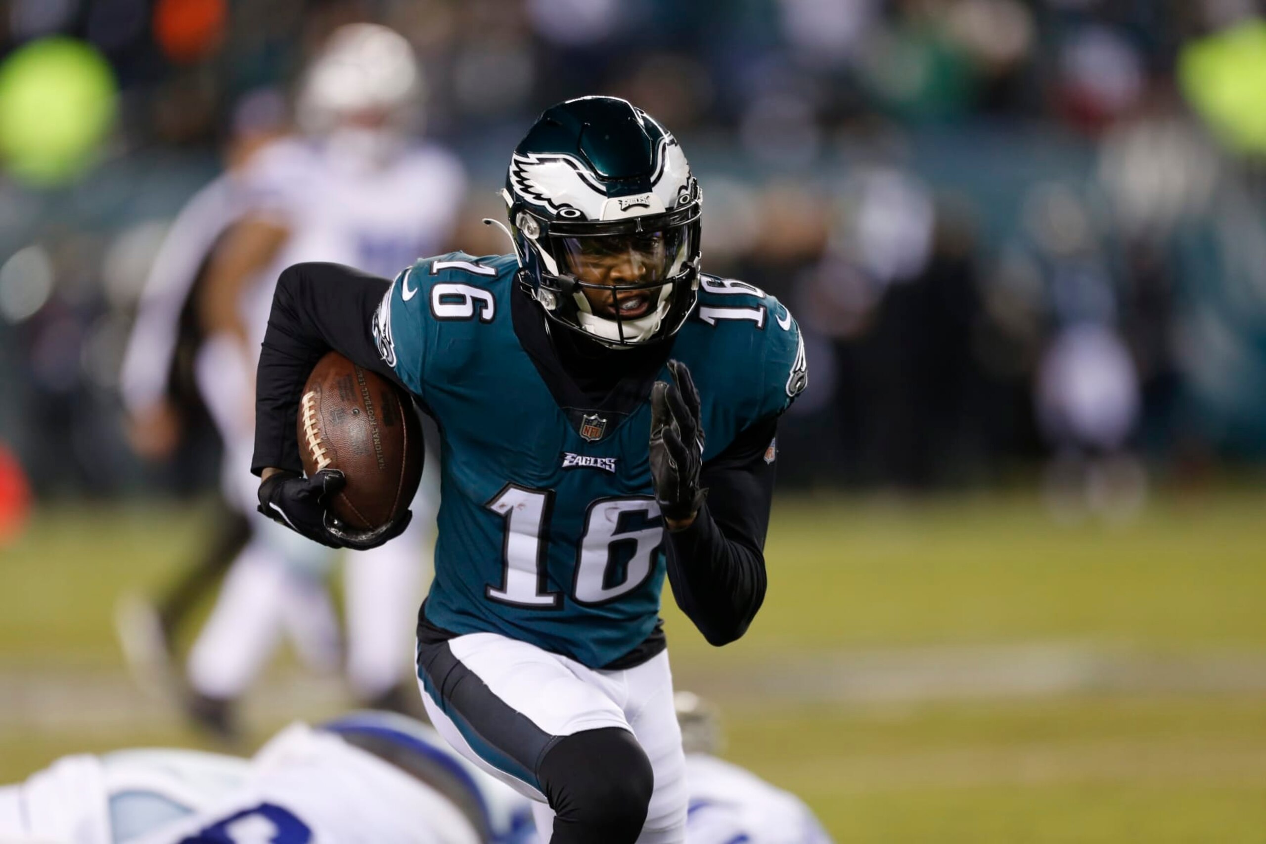 Philadelphia Eagles wide receiver Quez Watkins runs with the ball during the second half of an NFL football game against the Dallas Cowboys, Saturday, Jan. 8, 2022, in Philadelphia. (AP Photo/Laurence Kesterson)