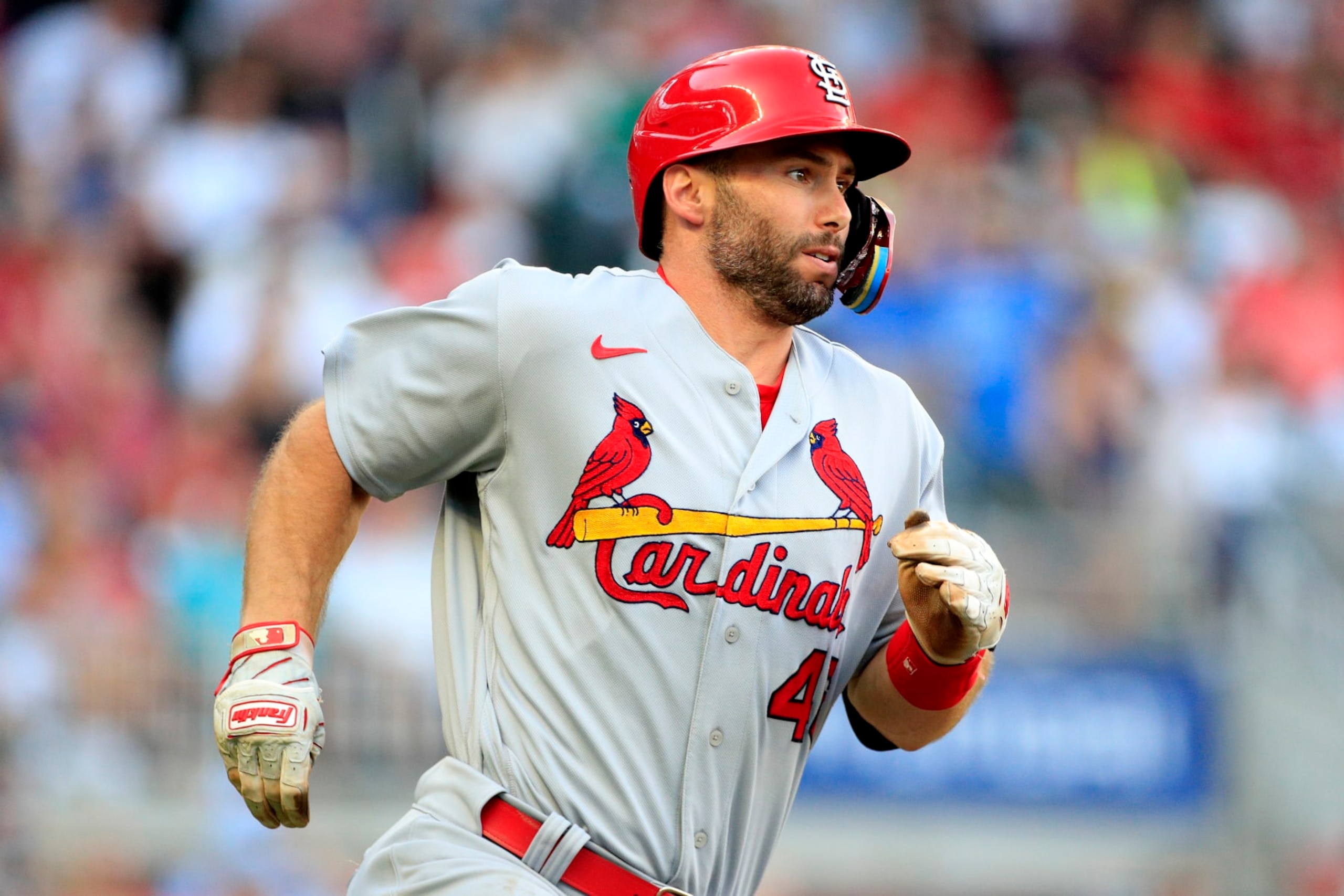 ATLANTA, GA - JULY 05: Paul Goldschmidt (46) first baseman of the St. Louis Cardinals runs to first base during the MLB game between the St.Louis Cardinals and the Atlanta Braves on July 6, 2022 at Truist Park in Atlanta, GA. (Photo by Jeff Robinson/Icon Sportswire via Getty Images)