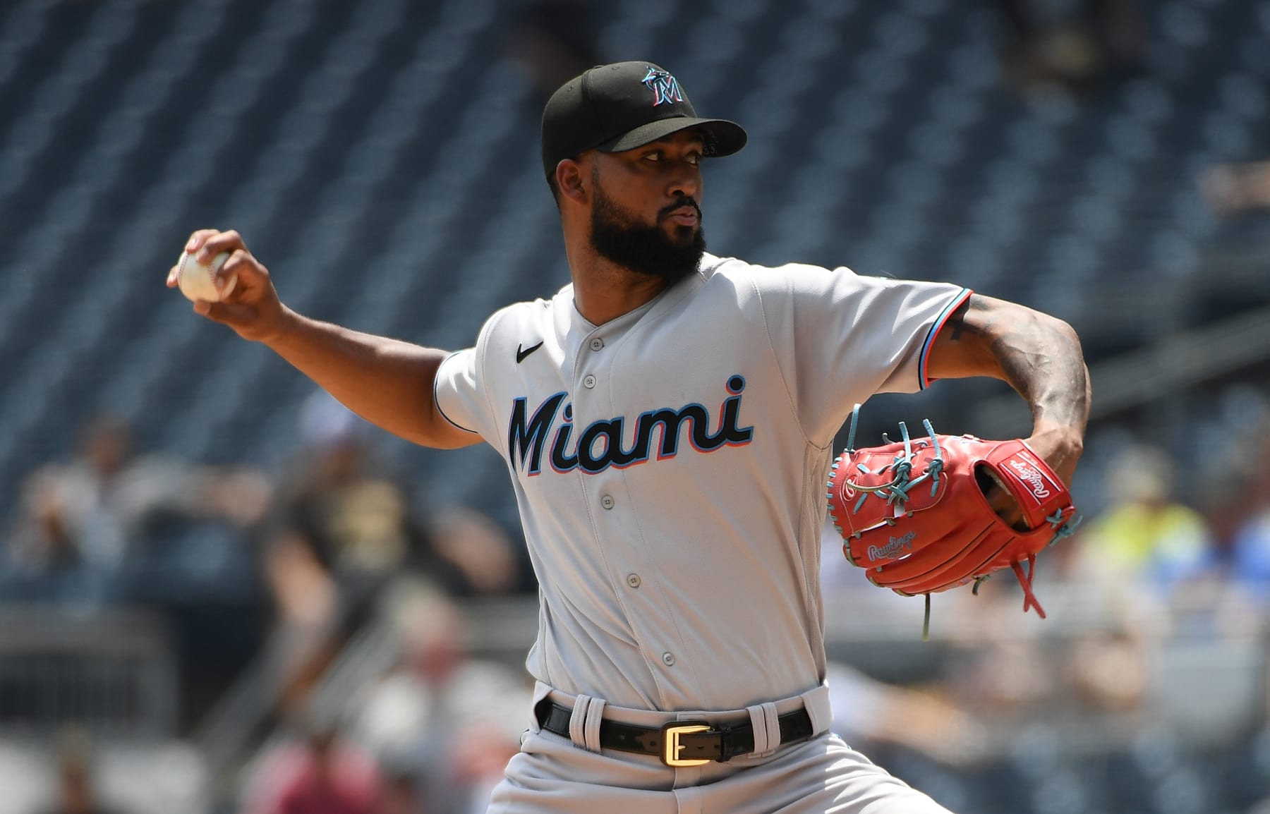 PITTSBURGH, PA - JULY 24: Sandy Alcantara #22 of the Miami Marlins delivers a pitch in the first inning during the game against the Pittsburgh Pirates at PNC Park on July 24, 2022 in Pittsburgh, Pennsylvania. (Photo by Justin Berl/Getty Images)