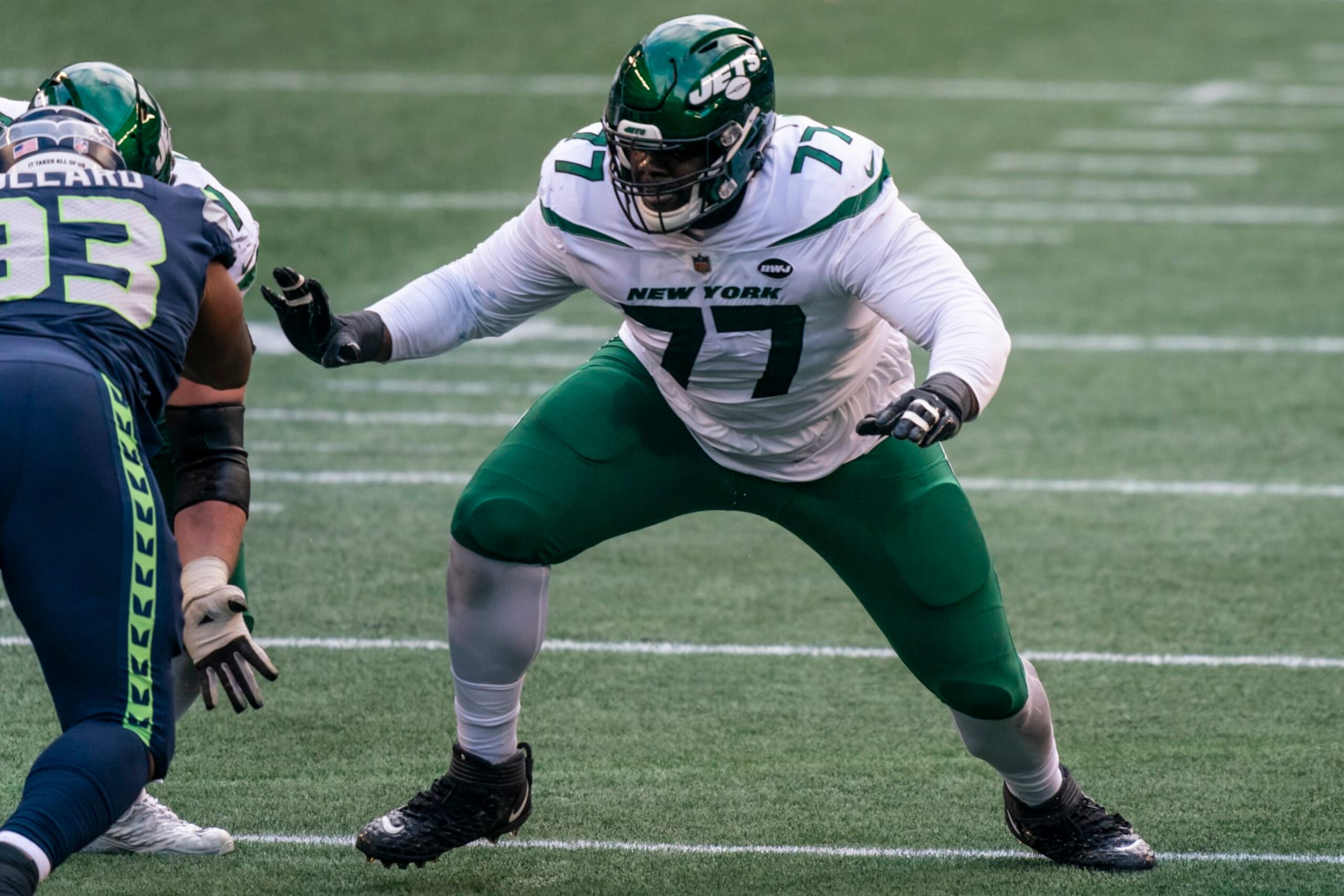 New York Jets offensive lineman Mekhi Becton is pitured during the first half of an NFL football game against the Seattle Seahawks, Sunday, Dec. 13, 2020, in Seattle. The Seahawks won 40-3. (AP Photo/Stephen Brashear)