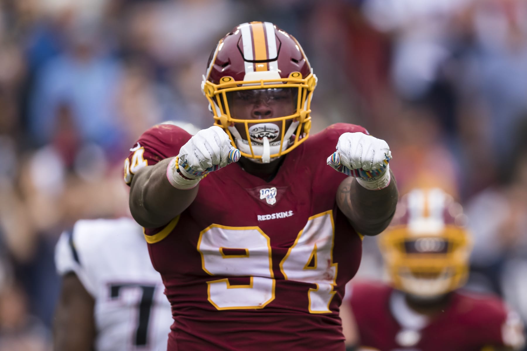 LANDOVER, MD - OCTOBER 06: Daron Payne #94 of the Washington Redskins celebrates after a sack against the New England Patriots during the second half at FedExField on October 6, 2019 in Landover, Maryland. (Photo by Scott Taetsch/Getty Images)