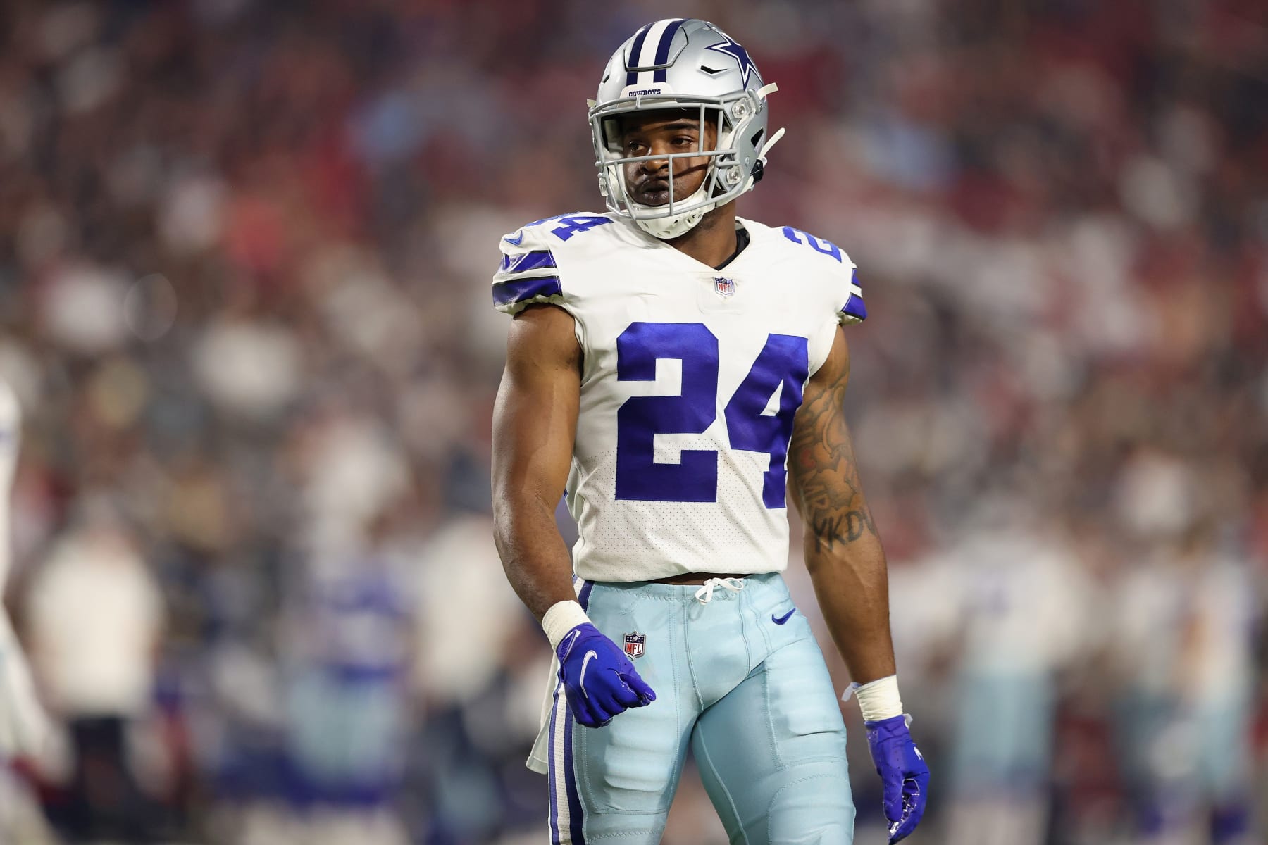 GLENDALE, ARIZONA - AUGUST 13: Cornerback Kelvin Joseph #24 of the Dallas Cowboys lines up against the Arizona Cardinals during the first half of the NFL preseason game at State Farm Stadium on August 13, 2021 in Glendale, Arizona. (Photo by Christian Petersen/Getty Images)