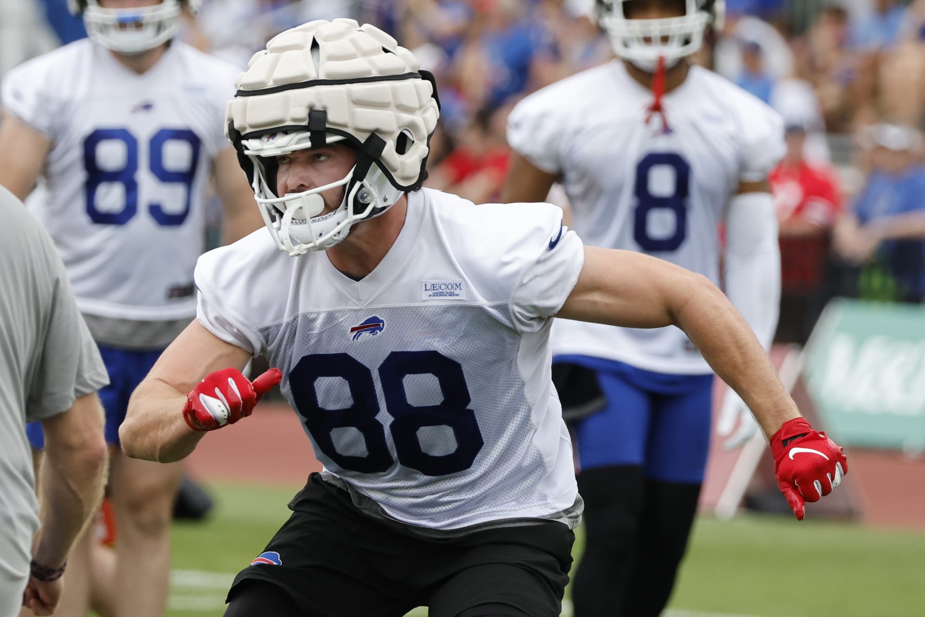 Buffalo Bills tight end Dawson Knox (88) runs a drill during practice at the NFL football team's training camp in Pittsford, N.Y., Sunday July 24, 2022. (AP Photo/ Jeffrey T. Barnes)
