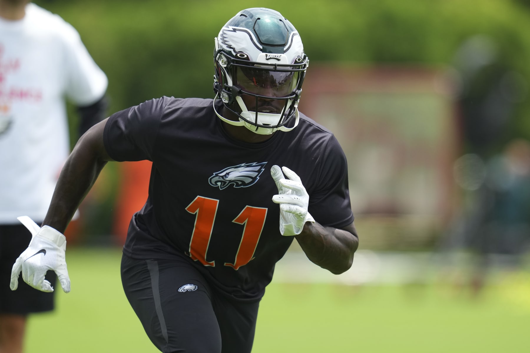 PHILADELPHIA, PA - JUNE 03: A.J. Brown #11 of the Philadelphia Eagles runs a route during OTAs at the NovaCare Complex on June 3, 2022 in Philadelphia, Pennsylvania. (Photo by Mitchell Leff/Getty Images)