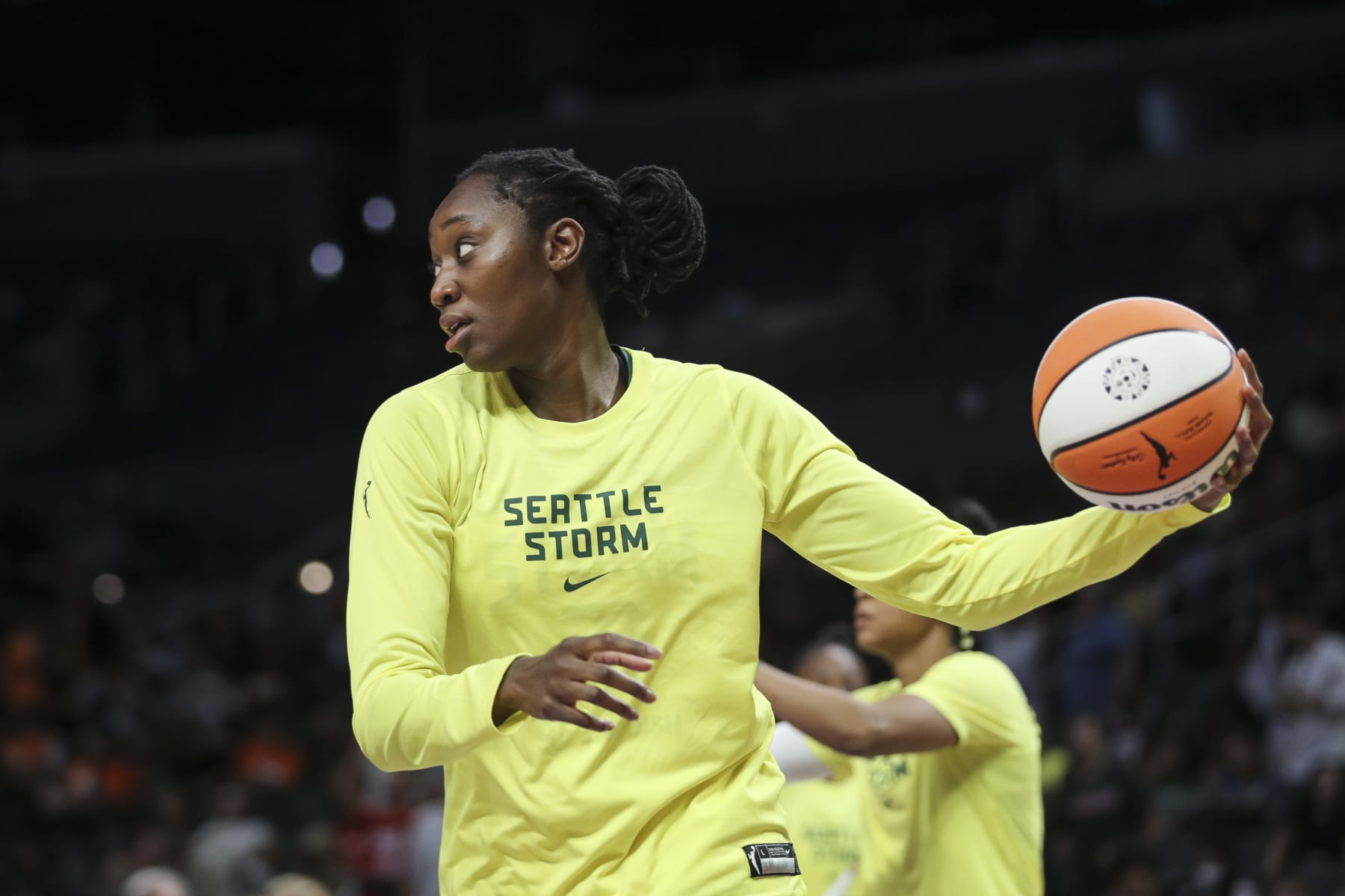 LOS ANGELES, CALIFORNIA - JULY 07: Tina Charles #31 of the Seattle Storm warms up before the game against the Los Angeles Sparks at Crypto.com Arena on July 07, 2022 in Los Angeles, California. NOTE TO USER: User expressly acknowledges and agrees that, by downloading and or using this photograph, User is consenting to the terms and conditions of the Getty Images License Agreement. (Photo by Meg Oliphant/Getty Images)