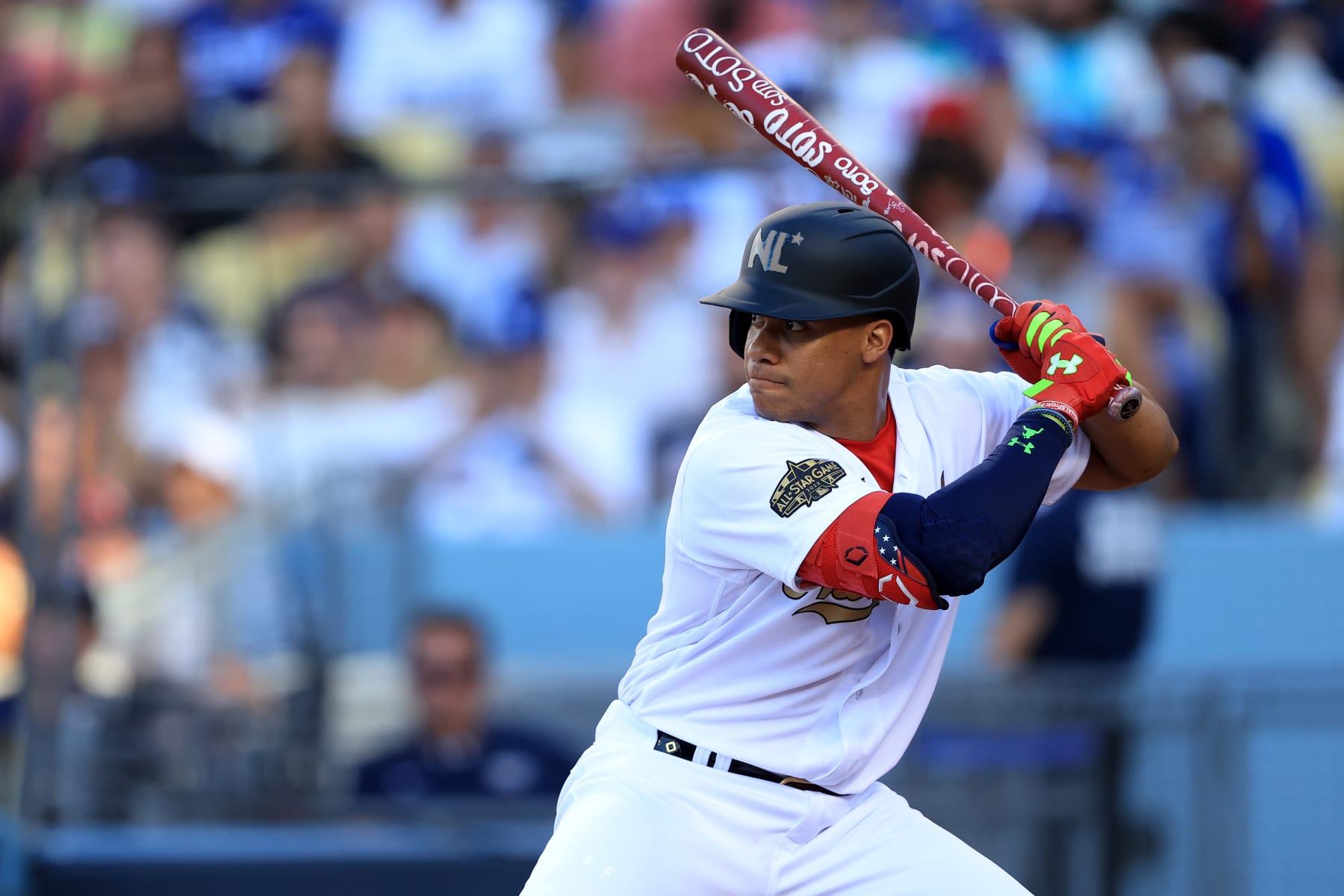 LOS ANGELES, CALIFORNIA - JULY 19: Juan Soto #22 of the Washington Nationals bat against the American League during the 92nd MLB All-Star Game presented by Mastercard at Dodger Stadium on July 19, 2022 in Los Angeles, California. (Photo by Sean M. Haffey/Getty Images)