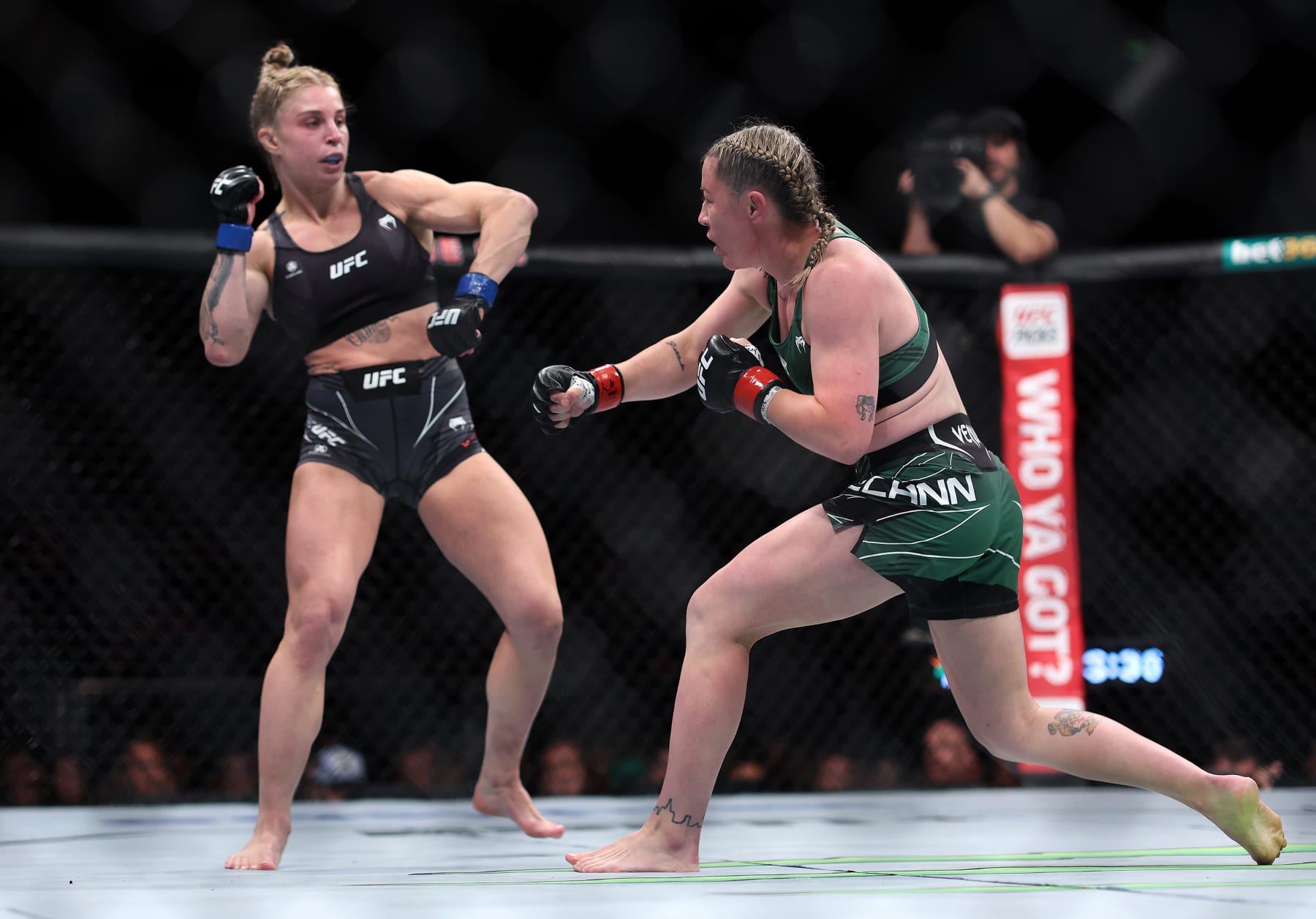 LONDON, ENGLAND - JULY 23:  Molly McCann of England fights Hannah Goldy of USA in the Flyweight bout during UFC Fight Night at O2 Arena on July 23, 2022 in London, England. (Photo by Julian Finney/Getty Images)