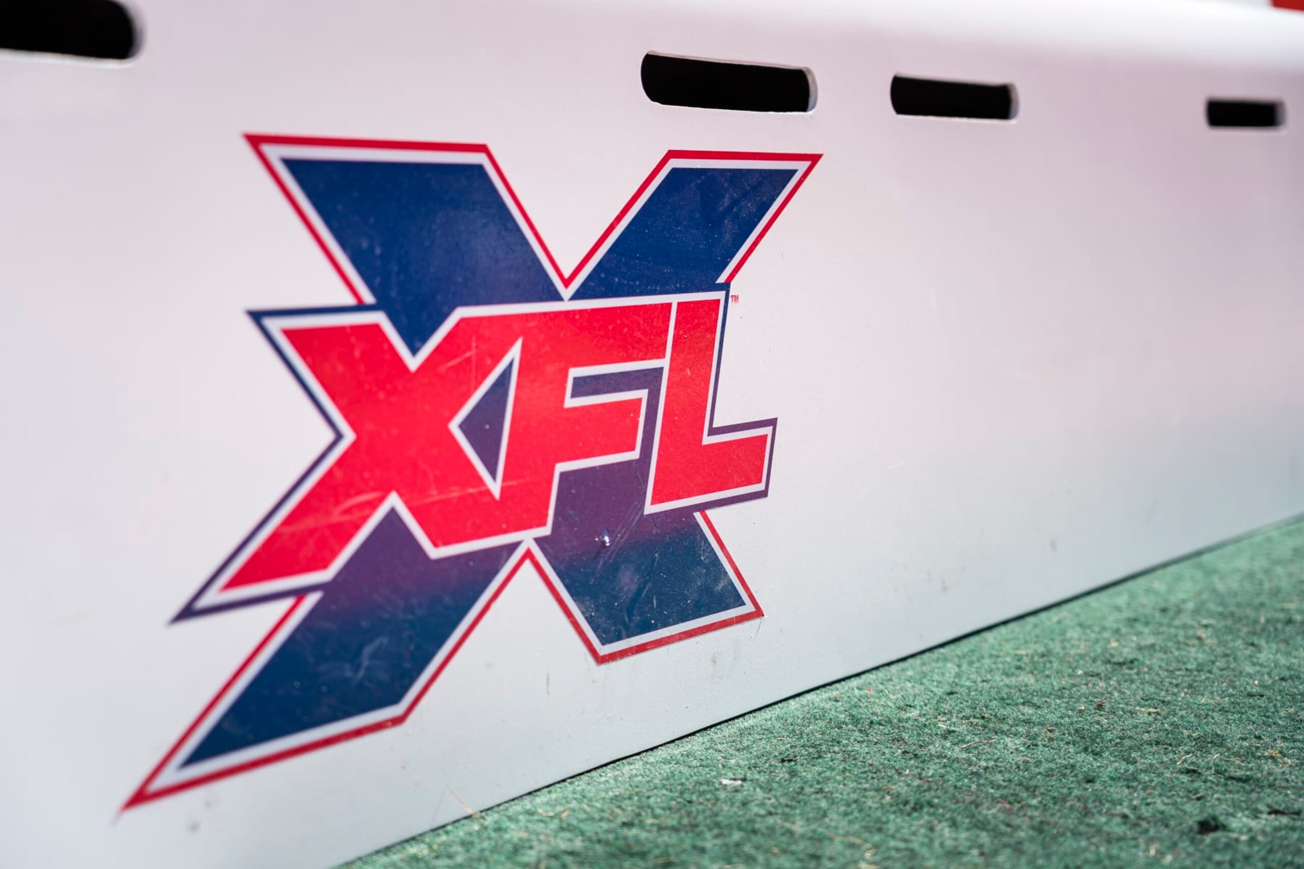 WASHINGTON, DC - MARCH 08: A view of the XFL logo on the sidelines before the XFL game between the DC Defenders and the St. Louis Battlehawks at Audi Field on March 8, 2020 in Washington, DC. (Photo by Scott Taetsch/Getty Images)