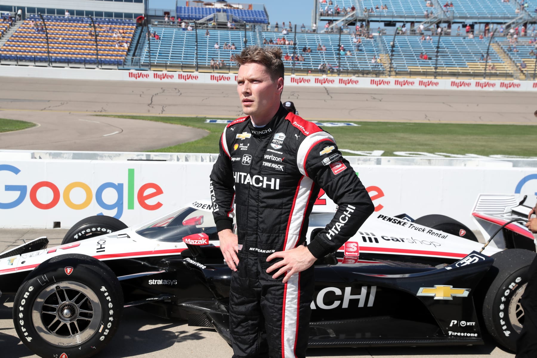 NEWTON, IA - JULY 23: NTT IndyCar series driver Josef Newgarden watches in the pits during qualifications for HY-VEE DEALS.COM 250 and the HY-VEE Salute To Farmers races on July 22, 2022  at Iowa Speedway in Newton, Iowa. (Photo by Brian Spurlock/Icon Sportswire via Getty Images)