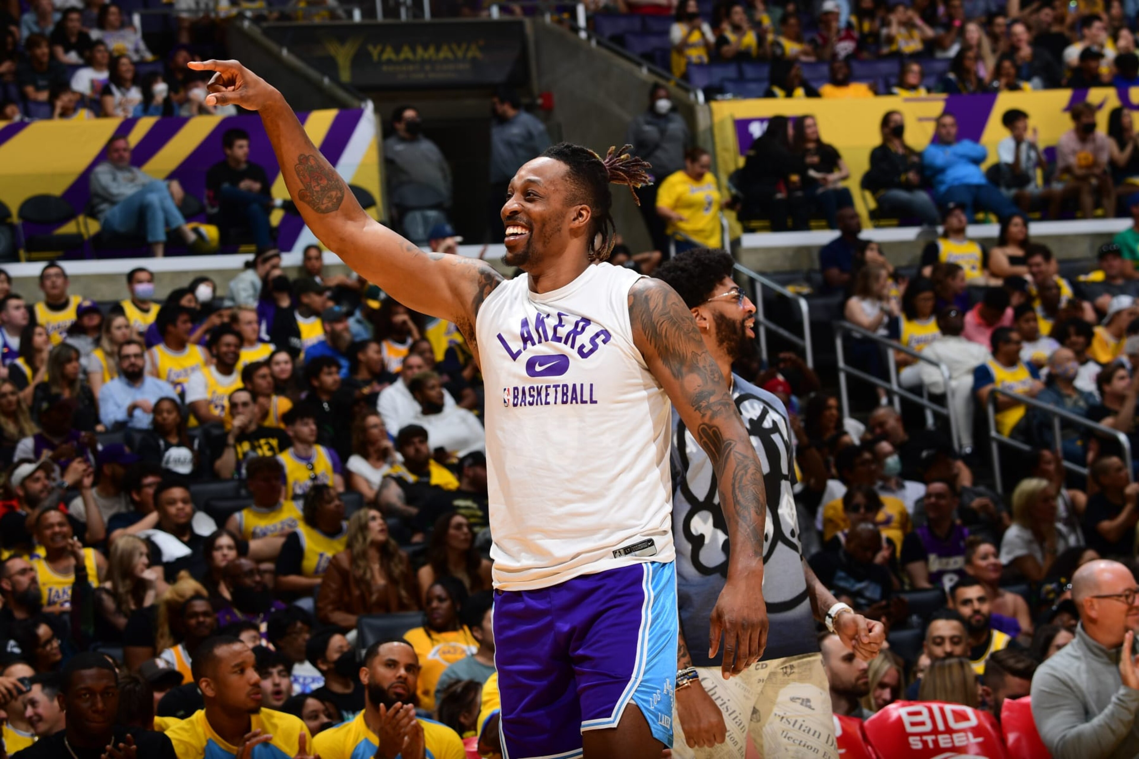 LOS ANGELES, CA - APRIL 8: Dwight Howard #39 of the Los Angeles Lakers celebrates during the game against the Oklahoma City Thunder on April 8, 2022 at Crypto.Com Arena in Los Angeles, California. NOTE TO USER: User expressly acknowledges and agrees that, by downloading and/or using this Photograph, user is consenting to the terms and conditions of the Getty Images License Agreement. Mandatory Copyright Notice: Copyright 2022 NBAE (Photo by Adam Pantozzi/NBAE via Getty Images) LOS ANGELES, CA - APRIL 8: Dwight Howard #39 of the Los Angeles Lakers celebrates during the game against the Oklahoma City Thunder on April 8, 2022 at Crypto.Com Arena in Los Angeles, California. NOTE TO USER: User expressly acknowledges and agrees that, by downloading and/or using this Photograph, user is consenting to the terms and conditions of the Getty Images License Agreement. Mandatory Copyright Notice: Copyright 2022 NBAE (Photo by Adam Pantozzi/NBAE via Getty Images)