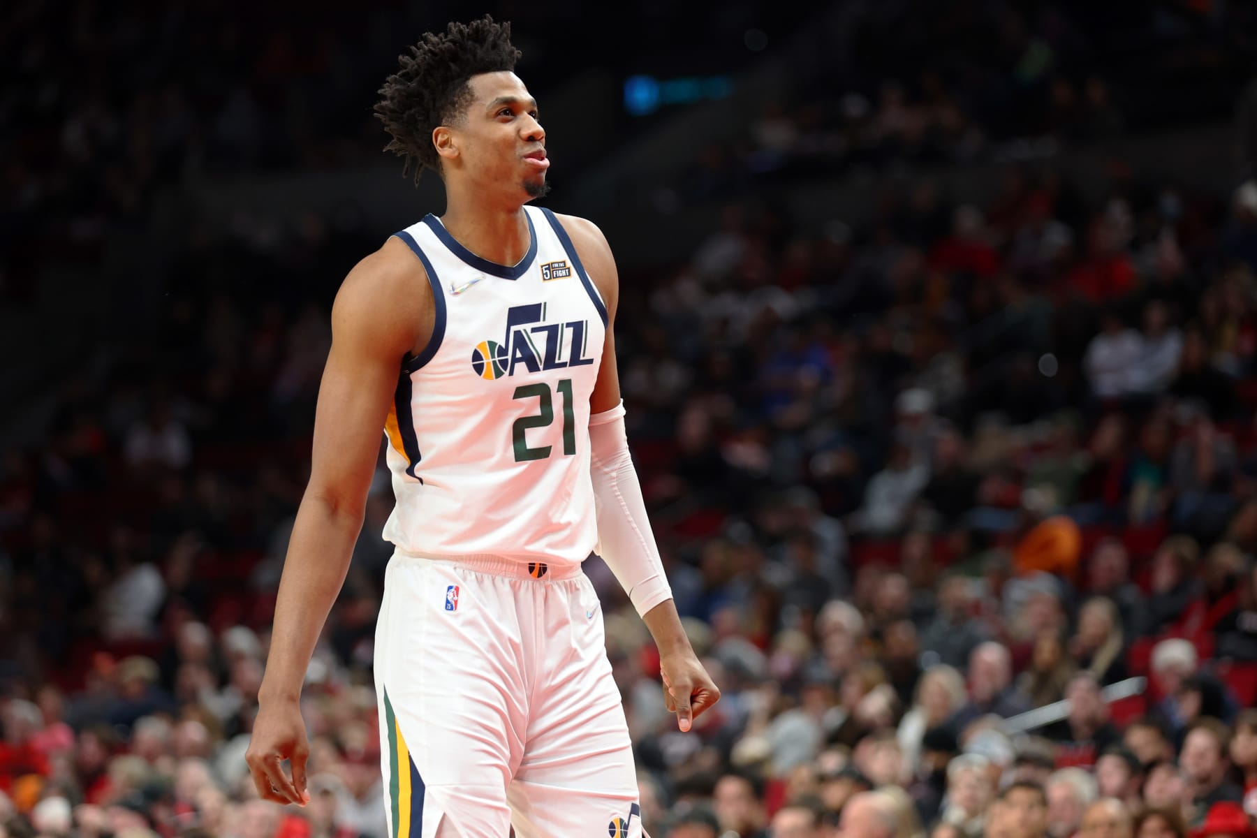 PORTLAND, OREGON - APRIL 10: Hassan Whiteside #21 of the Utah Jazz reacts against the Portland Trail Blazers during the second quarter at Moda Center on April 10, 2022 in Portland, Oregon. NOTE TO USER: User expressly acknowledges and agrees that, by downloading and or using this photograph, User is consenting to the terms and conditions of the Getty Images License Agreement. (Photo by Abbie Parr/Getty Images)
