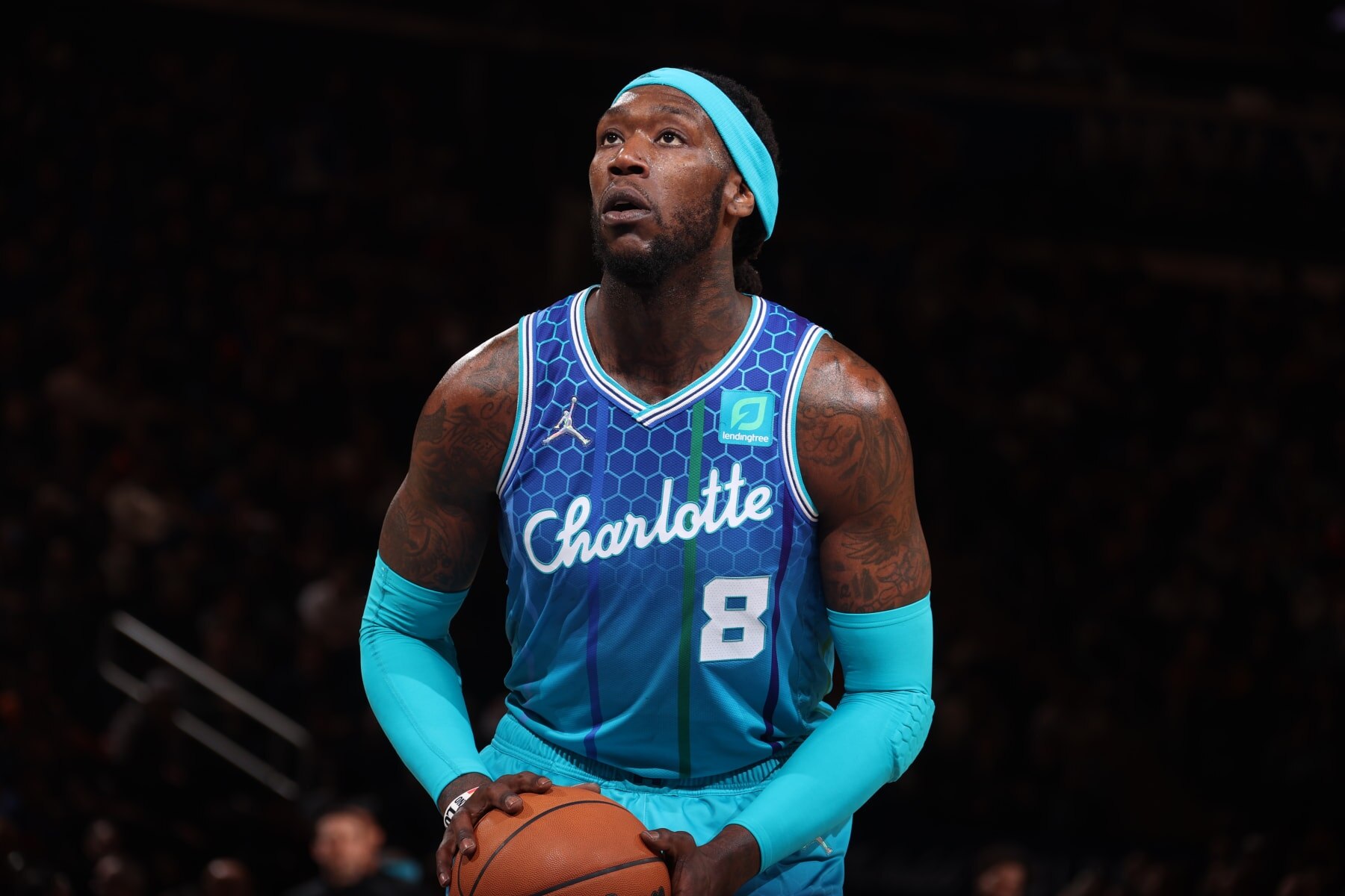 NEW YORK, NY - MARCH 30: Montrezl Harrell #8 of the Charlotte Hornets shoots a free throw during the game against the New York Knicks on March 30, 2022 at Madison Square Garden in New York City, New York.  NOTE TO USER: User expressly acknowledges and agrees that, by downloading and or using this photograph, User is consenting to the terms and conditions of the Getty Images License Agreement. Mandatory Copyright Notice: Copyright 2022 NBAE  (Photo by Nathaniel S. Butler/NBAE via Getty Images)