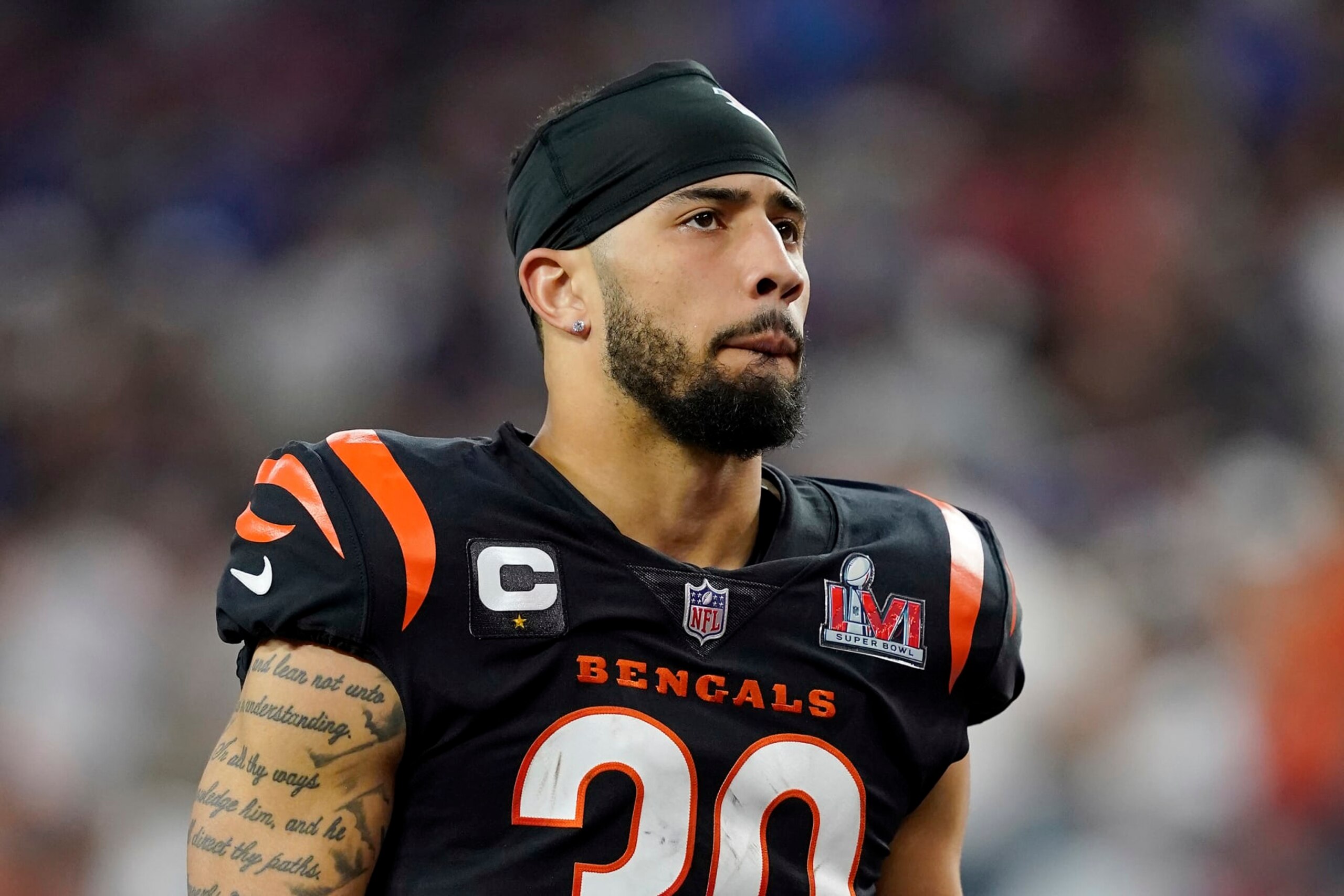 FILE - Cincinnati Bengals free safety Jessie Bates (30) walks on the field before the second half of the NFL Super Bowl 56 football game against the Los Angeles Rams Sunday, Feb. 13, 2022, in Inglewood, Calif. The Cincinnati Bengals on Monday, March 7, 2022, placed the franchise tag on safety Jessie Bates III, keeping him with the team for the 2022 season.(AP Photo/Steve Luciano, File)