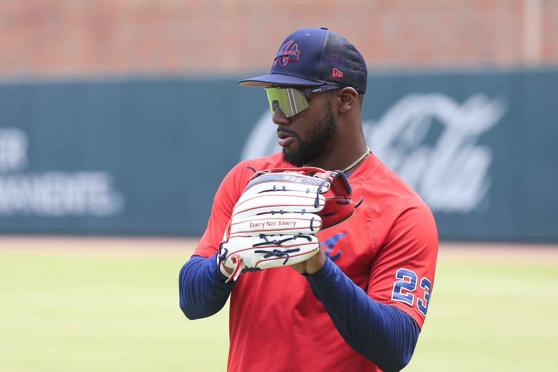 ATLANTA, GA - JULY 22: Atlanta Braves rookie center fielder Michael Harris II (23) warms up prior to the Friday evening MLB game between the Los Angeles Angels and the Atlanta Braves on July 22, 2022 at Truist Park in Atlanta, Georgia.  (Photo by David J. Griffin/Icon Sportswire via Getty Images)