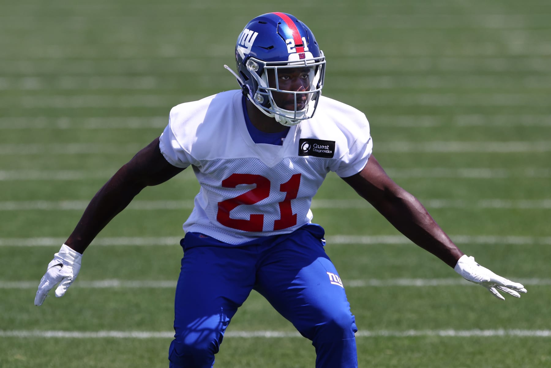 EAST RUTHERFORD, NJ - JUNE 08: Safety Yusuf Corker #21of the New York Giants runs a drill during the team's mandatory minicamp at Quest Diagnostics Training Center on June 8, 2022 in East Rutherford, New Jersey. (Photo by Rich Schultz/Getty Images)