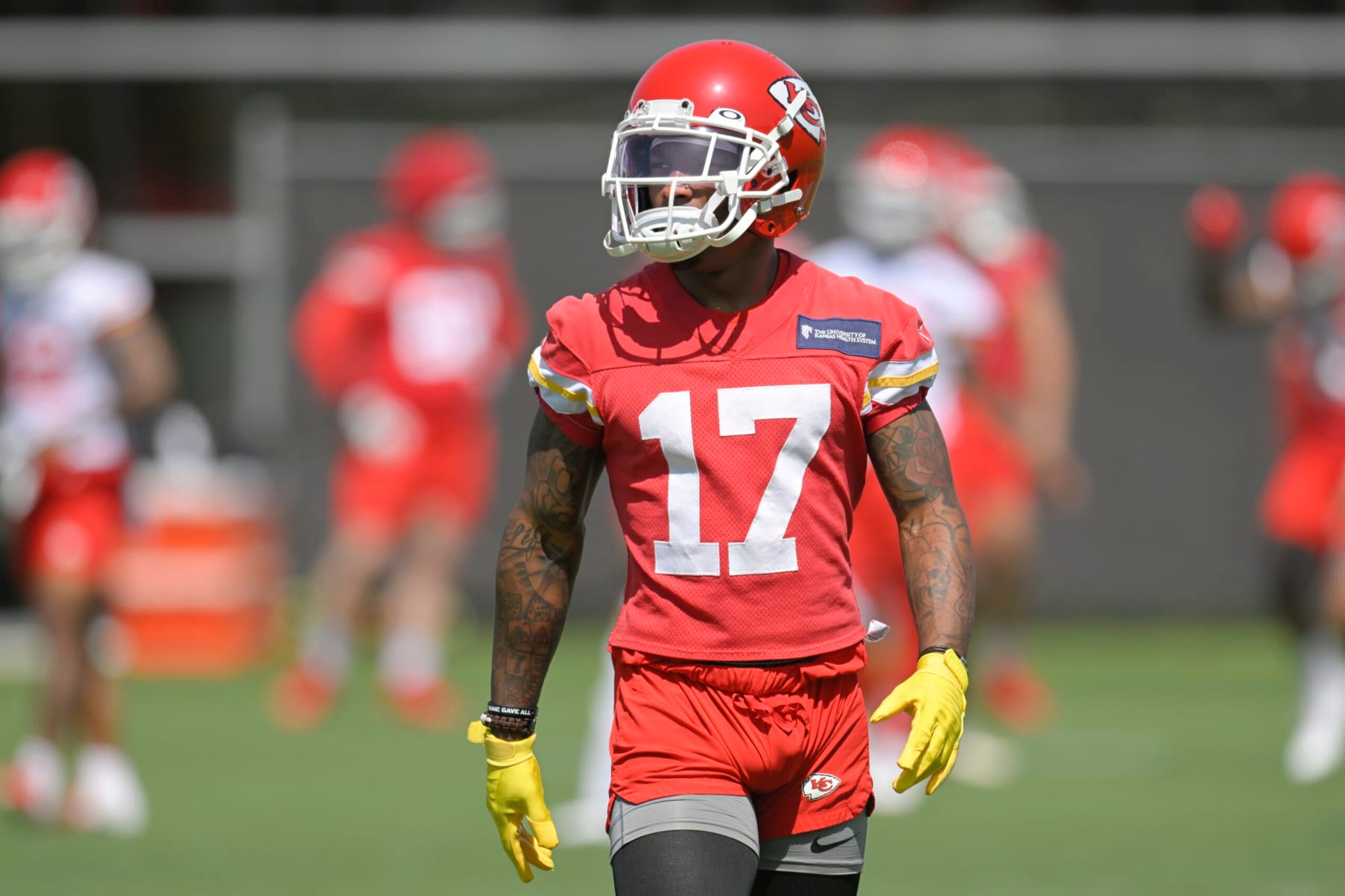Kansas City Chiefs wide receiver Mecole Hardman takes part in drills during the NFL football team's mandatory minicamp Tuesday, June 14, 2022, in Kansas City, Mo. (AP Photo/Reed Hoffmann)