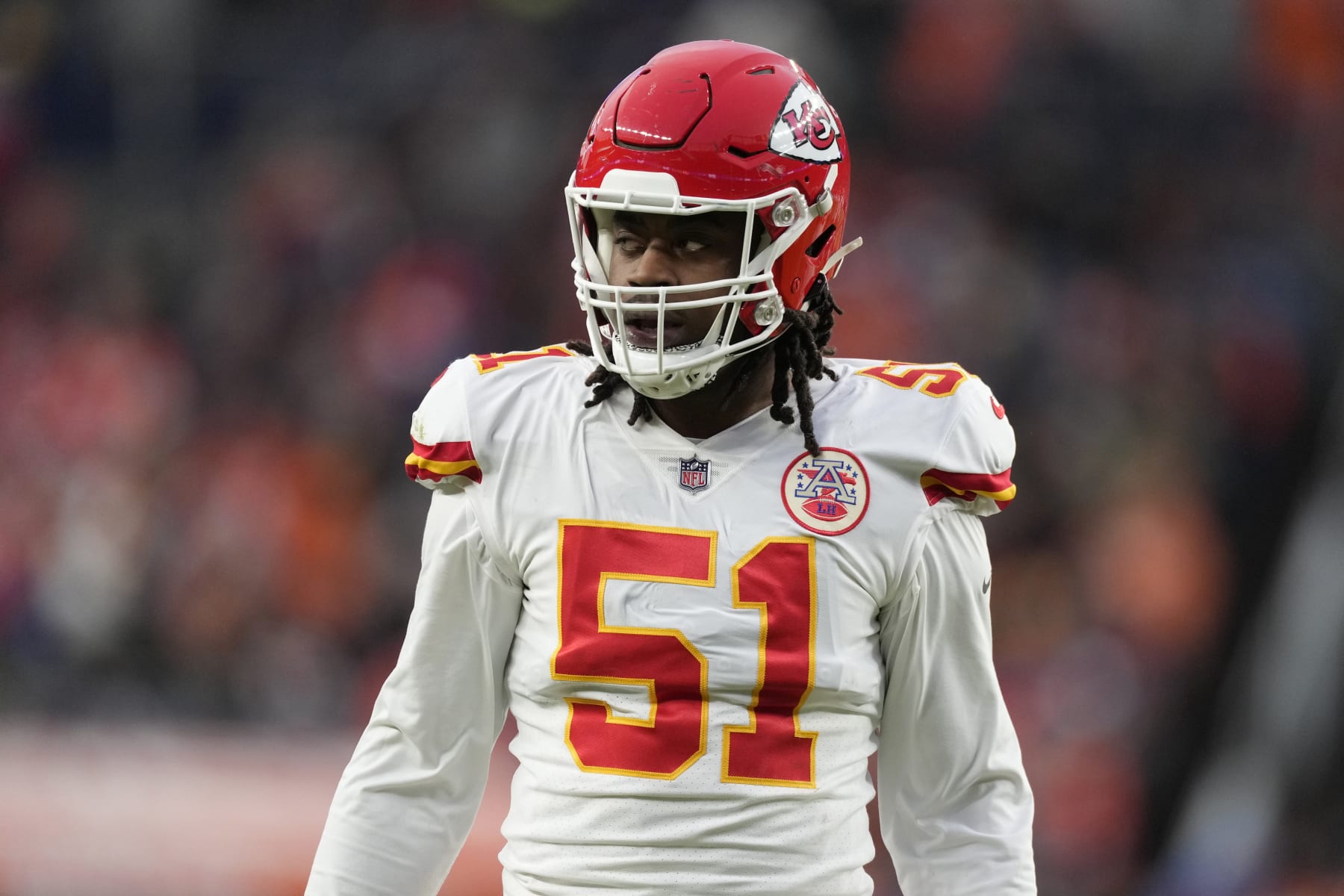 Kansas City Chiefs defensive end Mike Danna (51) against the Denver Broncos during an NFL football game Saturday, Jan. 8, 2022, in Denver. (AP Photo/David Zalubowski)