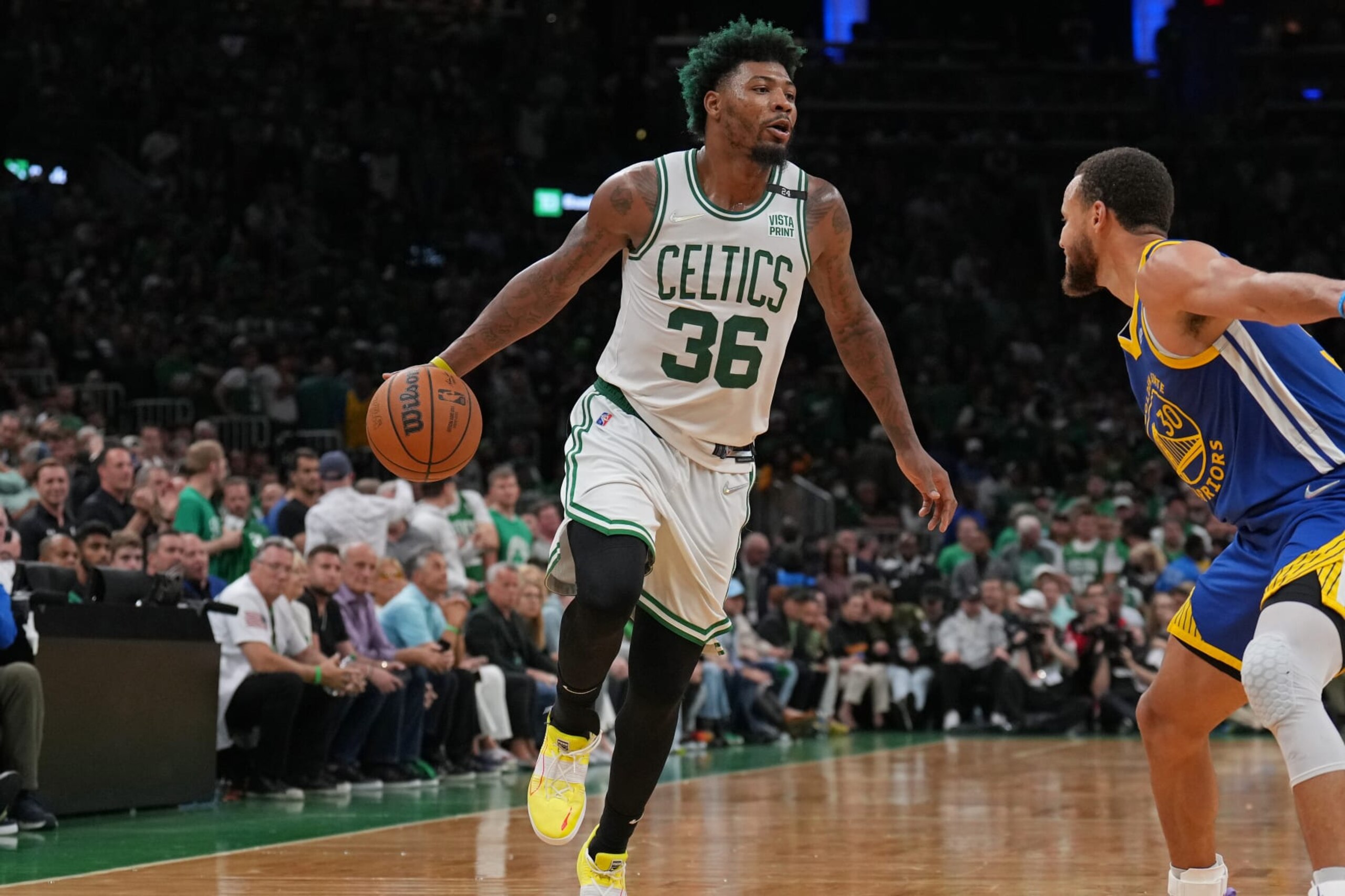 BOSTON, MA - JUNE 16: Marcus Smart #36 of the Boston Celtics dribbles the ball during Game Six of the 2022 NBA Finals on June 16, 2022 at TD Garden in Boston, Massachusetts. NOTE TO USER: User expressly acknowledges and agrees that, by downloading and or using this photograph, user is consenting to the terms and conditions of Getty Images License Agreement. Mandatory Copyright Notice: Copyright 2022 NBAE (Photo by Jesse D. Garrabrant/NBAE via Getty Images) BOSTON, MA - JUNE 16: Marcus Smart #36 of the Boston Celtics dribbles the ball during Game Six of the 2022 NBA Finals on June 16, 2022 at TD Garden in Boston, Massachusetts. NOTE TO USER: User expressly acknowledges and agrees that, by downloading and or using this photograph, user is consenting to the terms and conditions of Getty Images License Agreement. Mandatory Copyright Notice: Copyright 2022 NBAE (Photo by Jesse D. Garrabrant/NBAE via Getty Images)