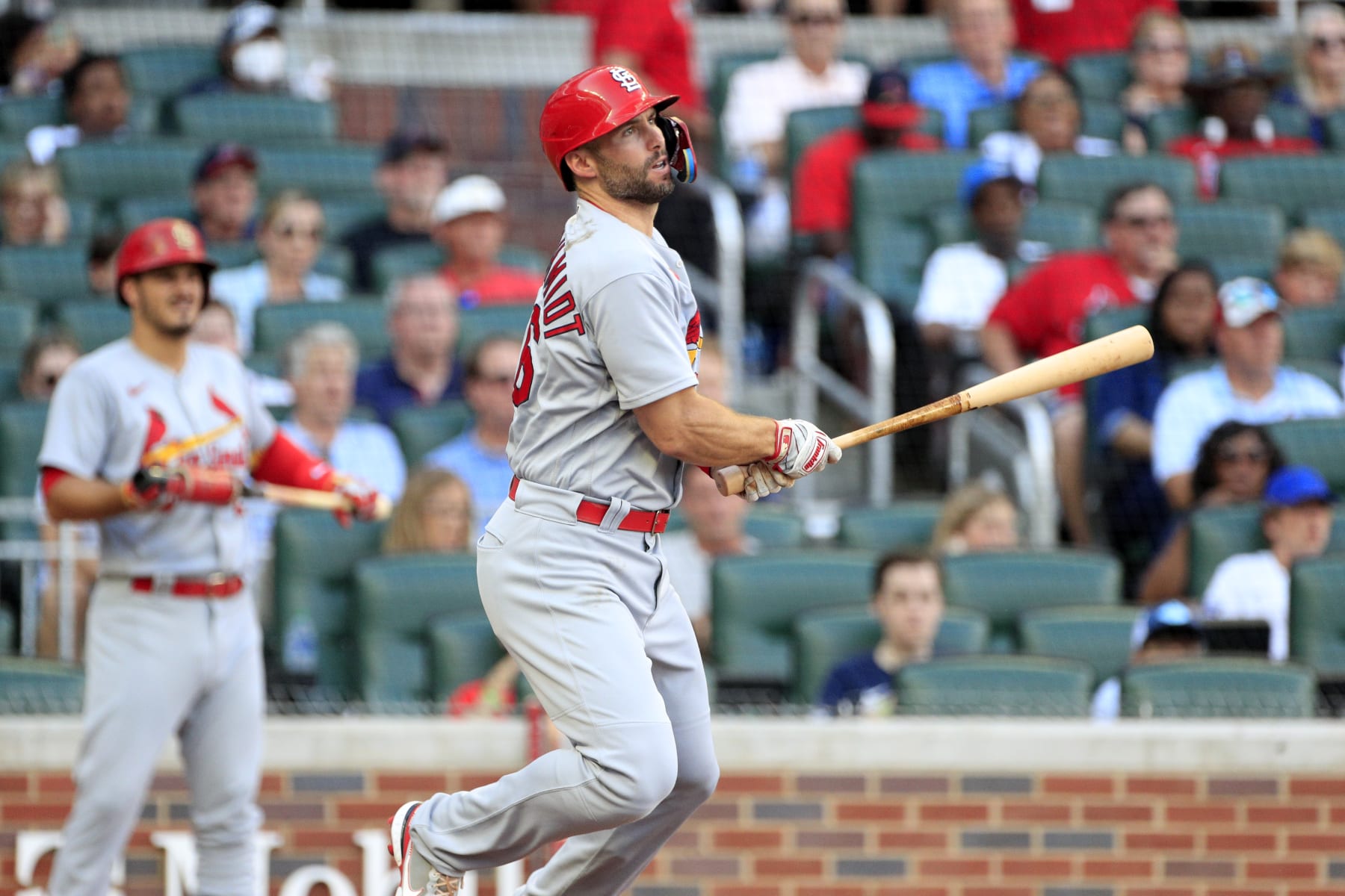 ATLANTA, GA - JULY 05: Paul Goldschmidt (46) first baseman of the St. Louis Cardinals tracks his batted baseball during the MLB game between the St.Louis Cardinals and the Atlanta Braves on July 6, 2022 at Truist Park in Atlanta, GA. (Photo by Jeff Robinson/Icon Sportswire via Getty Images)