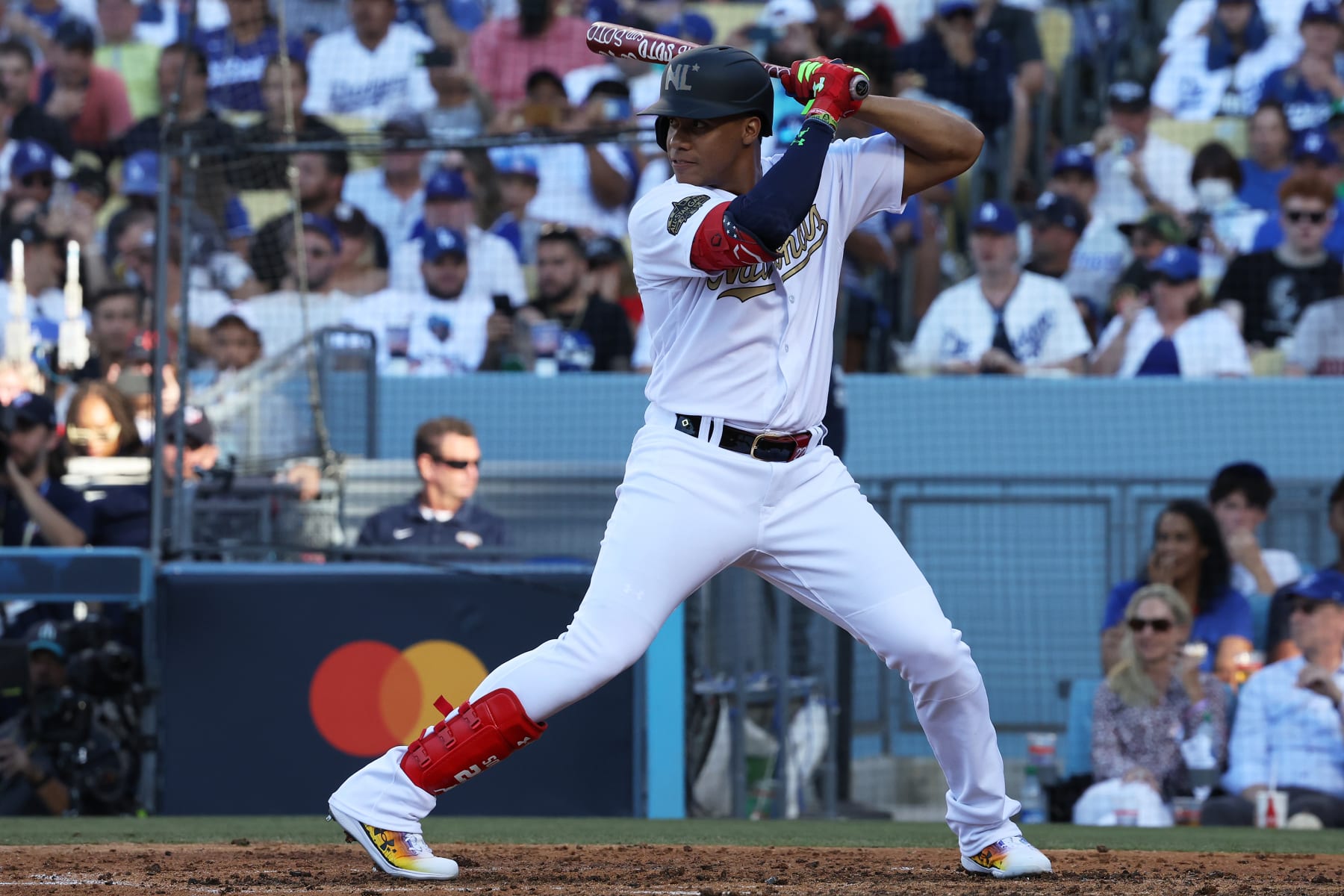 LOS ANGELES, CA - JULY 19:  Juan Soto #22 of the Washington Nationals bats in the third inning during the 92nd MLB All-Star Game presented by Mastercard at Dodger Stadium on Tuesday, July 19, 2022 in Los Angeles, California. (Photo by Mary DeCicco/MLB Photos via Getty Images)