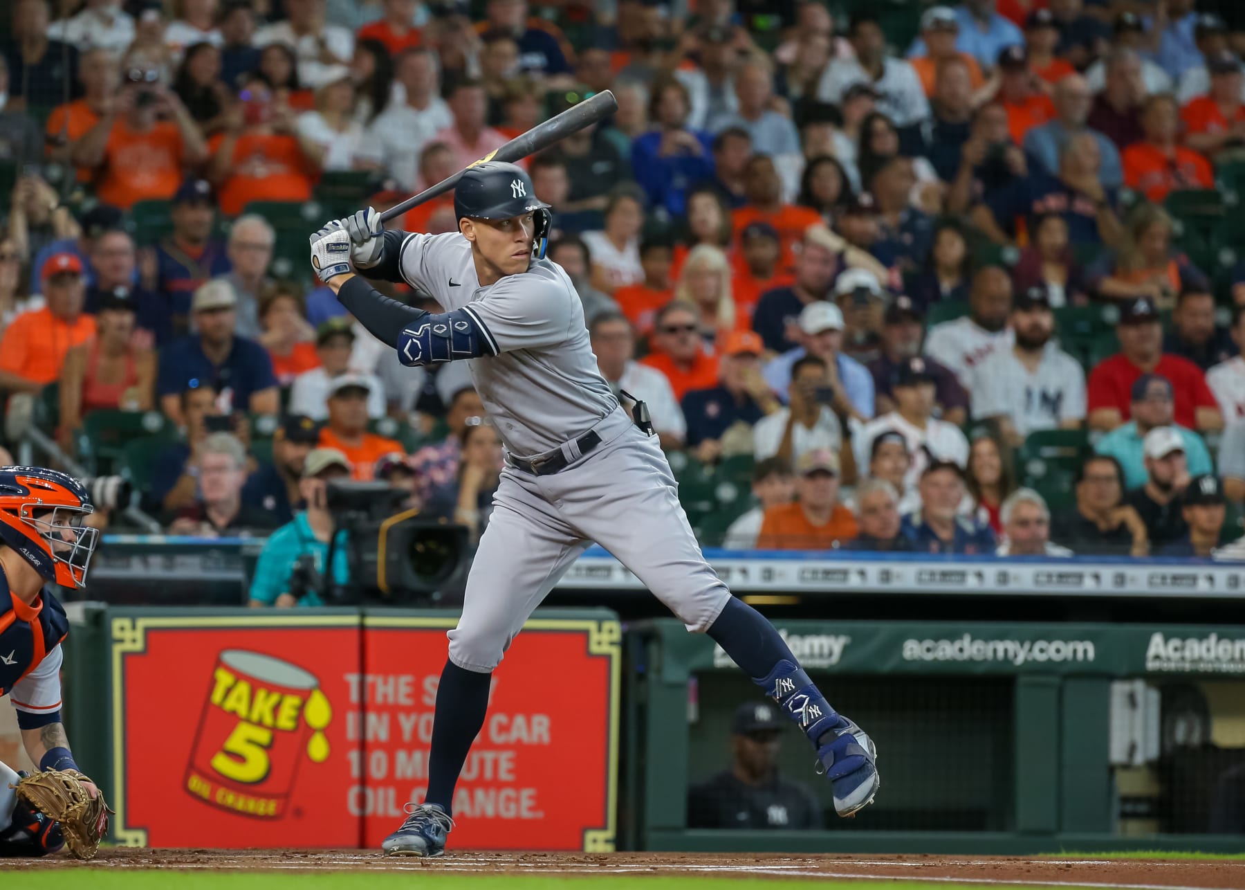 HOUSTON, TX - JULY 21:  New York Yankees designated hitter Aaron Judge (99) watches the pitch in the top of the first inning during the MLB doubleheader Game 1 between the New York Yankees and Houston Astros on July 21, 2022 at Minute Maid Park in Houston, Texas.  (Photo by Leslie Plaza Johnson/Icon Sportswire via Getty Images)