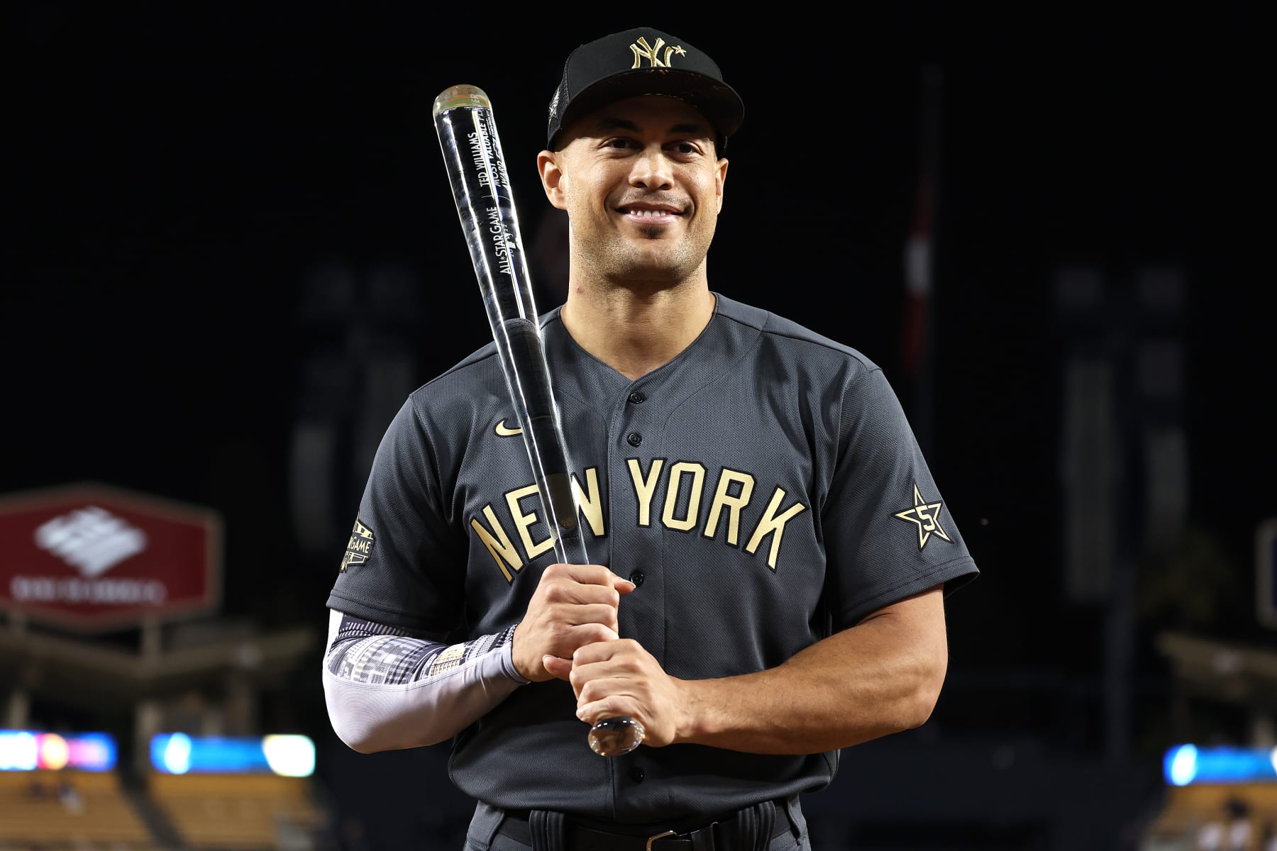 LOS ANGELES, CA - JULY 19:  Giancarlo Stanton #27 of the New York Yankees holds the Ted Williams MVP trophy after the 92nd MLB All-Star Game presented by Mastercard at Dodger Stadium on Tuesday, July 19, 2022 in Los Angeles, California. (Photo by Mary DeCicco/MLB Photos via Getty Images)