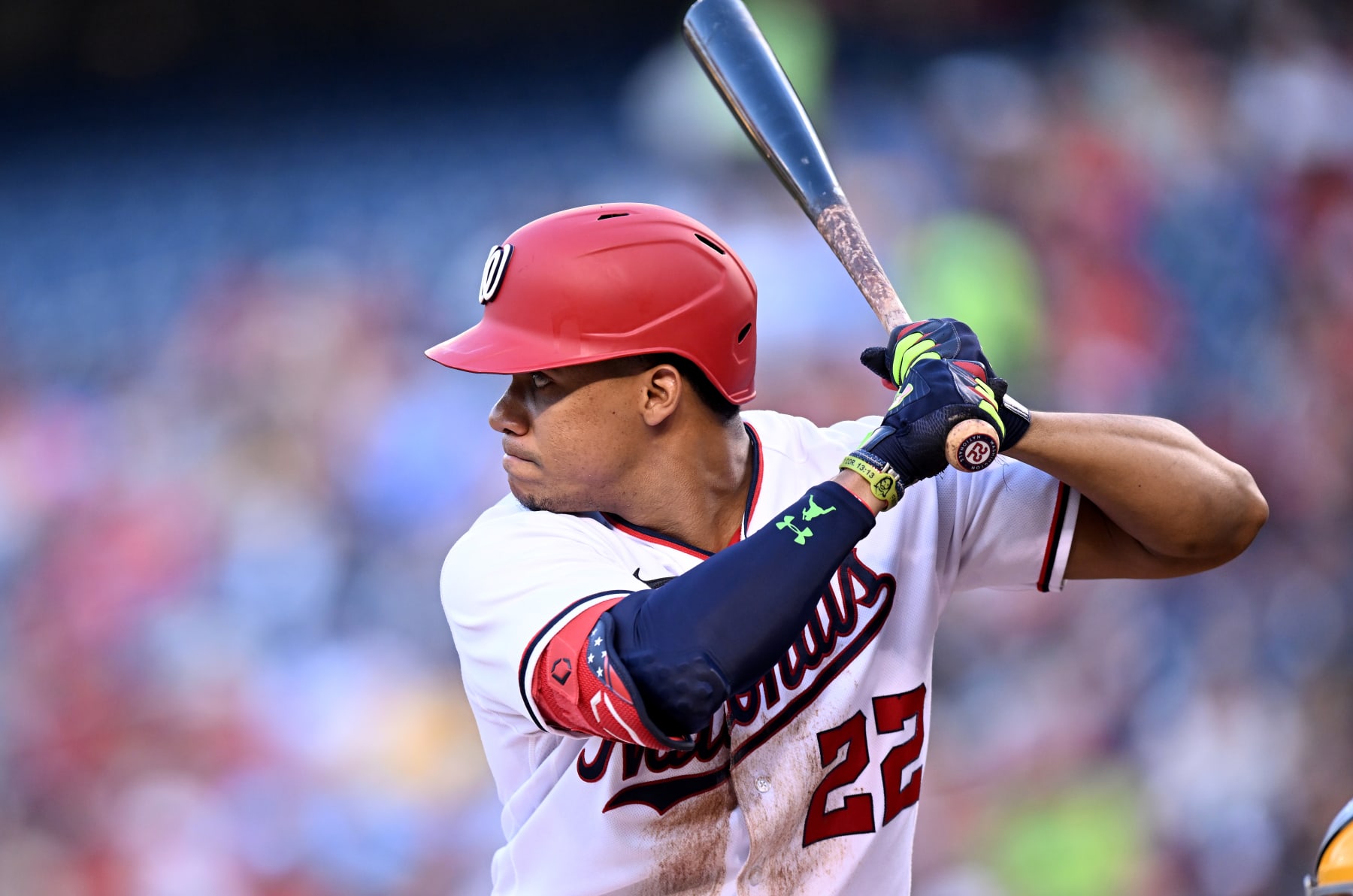 WASHINGTON, DC - JUNE 27: Juan Soto #22 of the Washington Nationals bats against the Pittsburgh Pirates at Nationals Park on June 27, 2022 in Washington, DC. (Photo by G Fiume/Getty Images)