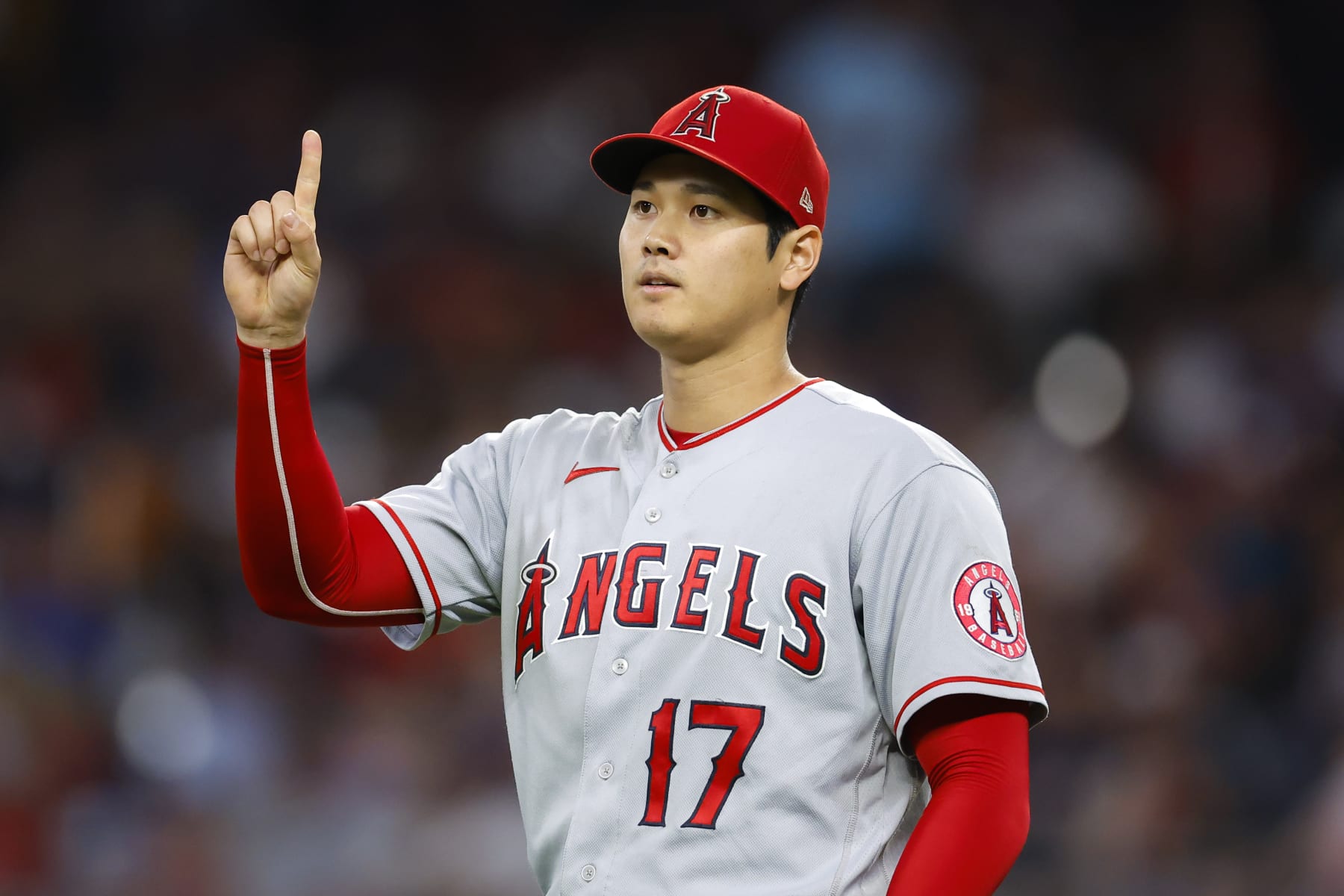 ATLANTA, GA - JULY 22: Shohei Ohtani #17 of the Los Angeles Angels reacts during the fourth inning against the Atlanta Braves at Truist Park on July 22, 2022 in Atlanta, Georgia. (Photo by Todd Kirkland/Getty Images)