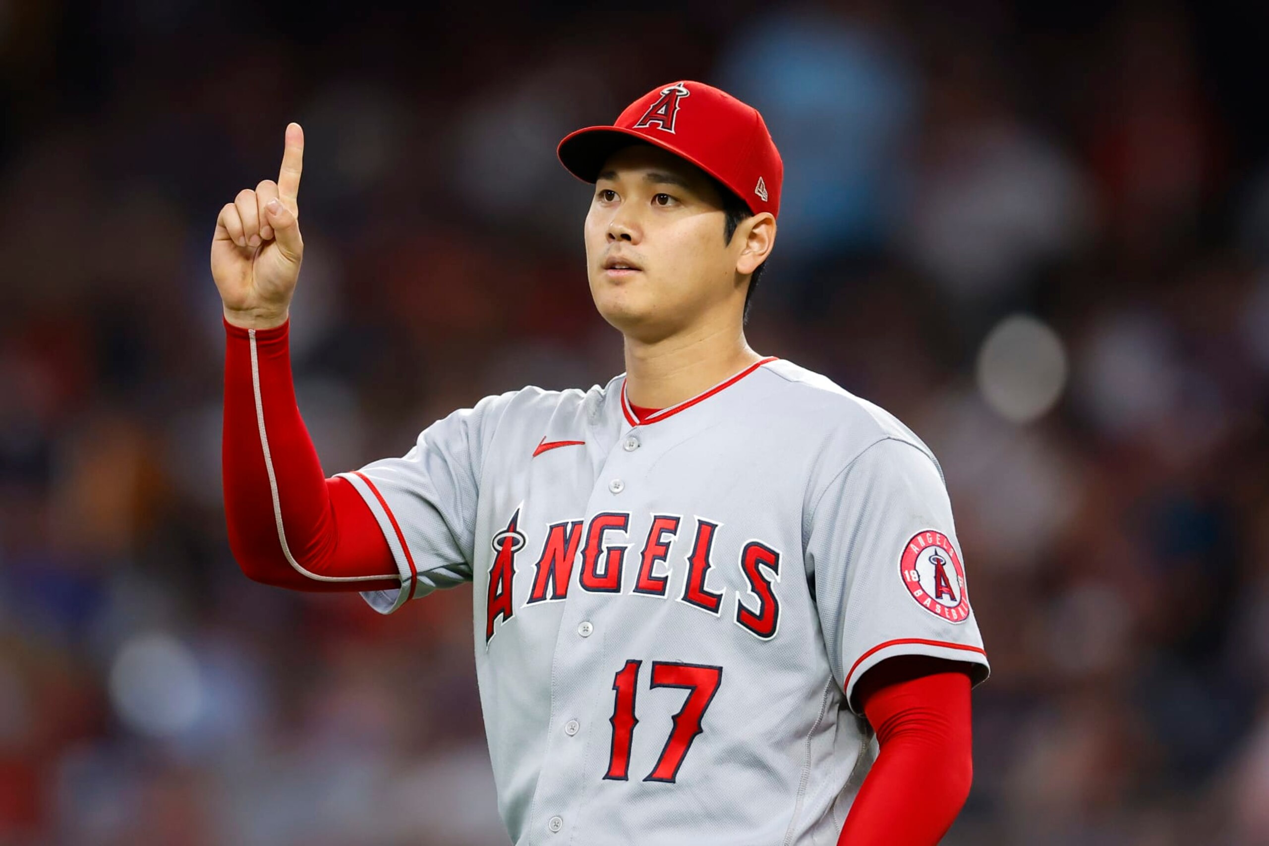 ATLANTA, GA - JULY 22: Shohei Ohtani #17 of the Los Angeles Angels reacts during the fourth inning against the Atlanta Braves at Truist Park on July 22, 2022 in Atlanta, Georgia. (Photo by Todd Kirkland/Getty Images)