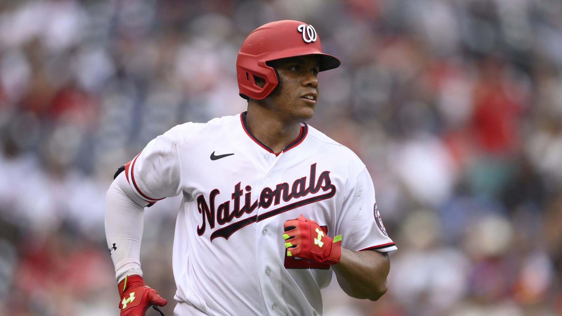 Washington Nationals' Juan Soto in action during a baseball game against the Atlanta Braves, Sunday, July 17, 2022, in Washington. (AP Photo/Nick Wass)