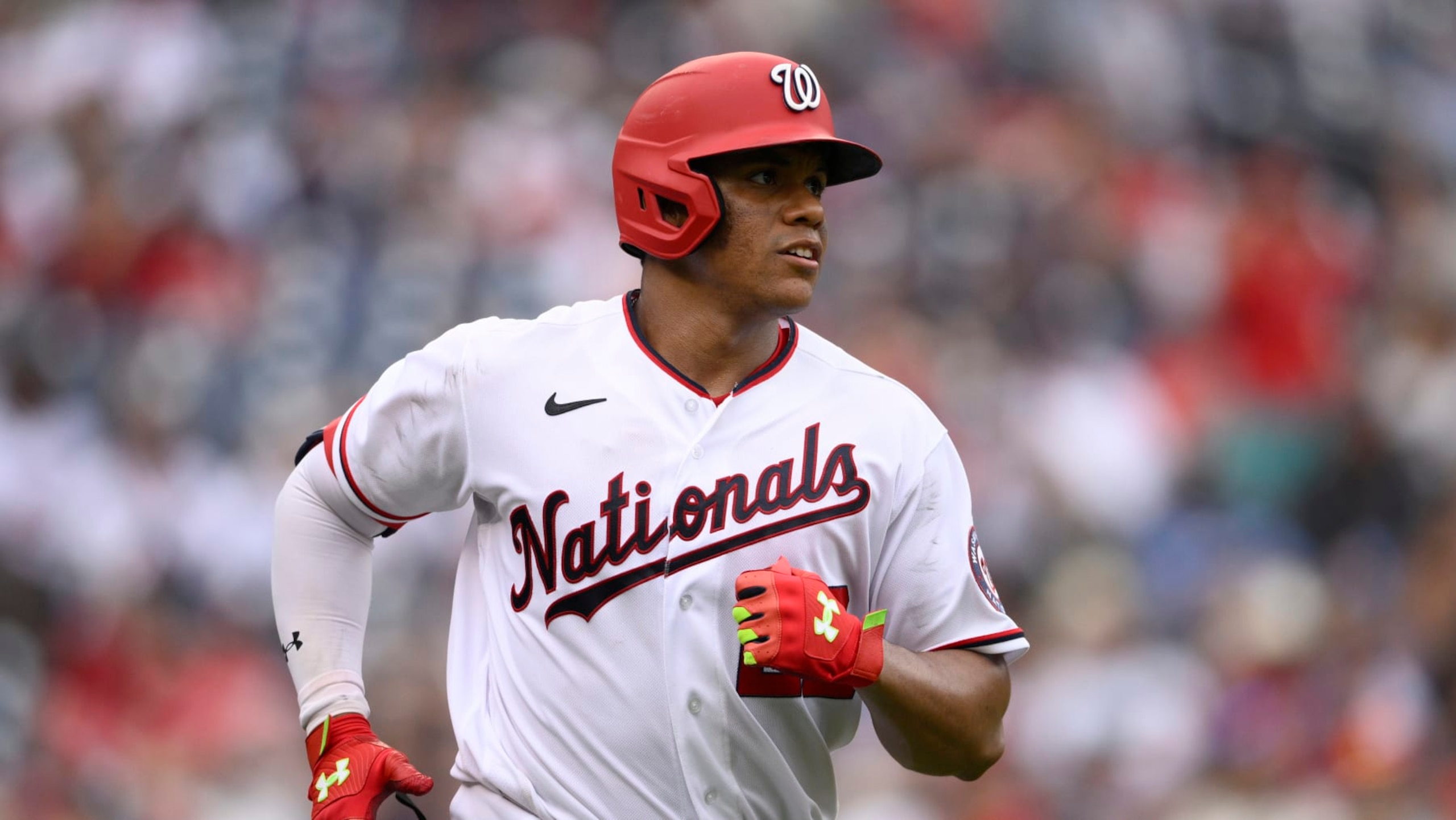 Washington Nationals' Juan Soto in action during a baseball game against the Atlanta Braves, Sunday, July 17, 2022, in Washington. (AP Photo/Nick Wass)