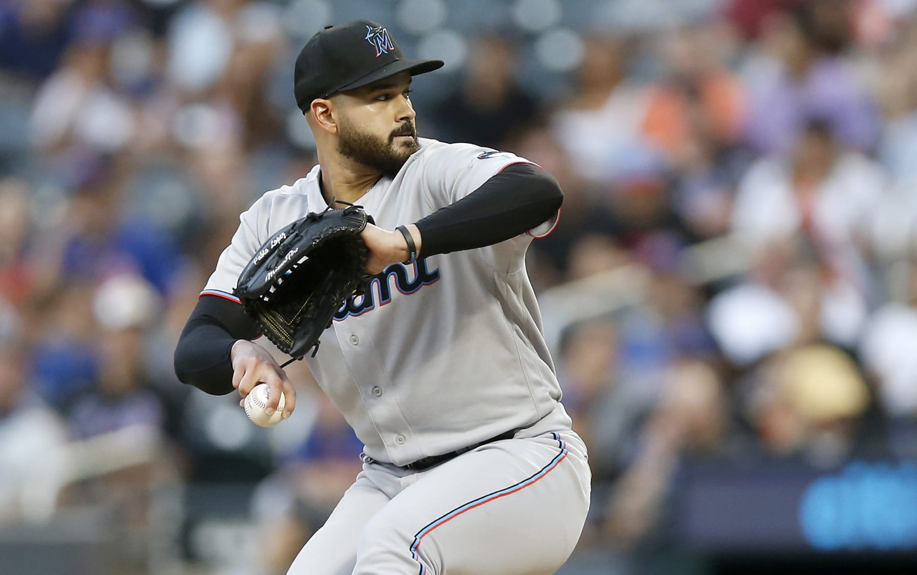 NEW YORK, NEW YORK - JULY 08:  Pablo Lopez #49 of the Miami Marlins in action against the New York Mets at Citi Field on July 08, 2022 in New York City. The Marlins defeated the New York Mets 5-2. (Photo by Jim McIsaac/Getty Images)