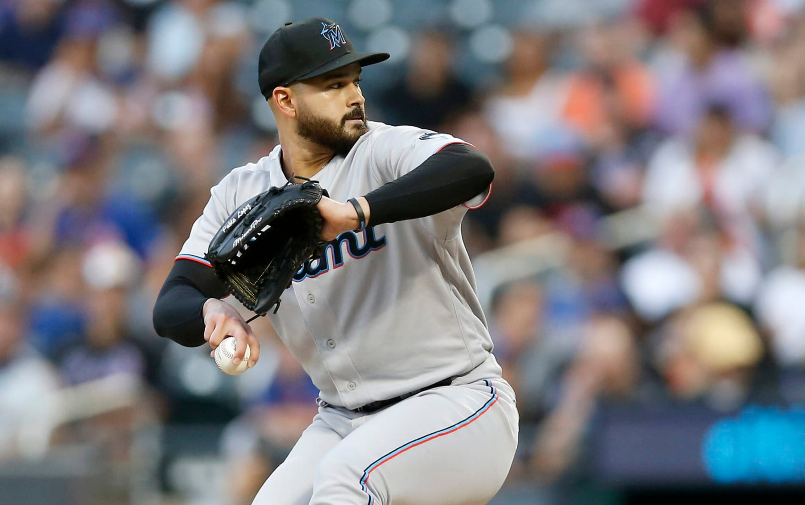 NEW YORK, NEW YORK - JULY 08:  Pablo Lopez #49 of the Miami Marlins in action against the New York Mets at Citi Field on July 08, 2022 in New York City. The Marlins defeated the New York Mets 5-2. (Photo by Jim McIsaac/Getty Images)