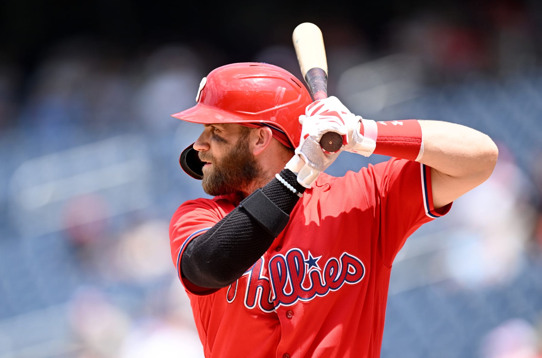 WASHINGTON, DC - JUNE 17: Bryce Harper #3 of the Philadelphia Phillies bats against the Washington Nationals during game one of a doubleheader at Nationals Park on June 17, 2022 in Washington, DC. (Photo by G Fiume/Getty Images)