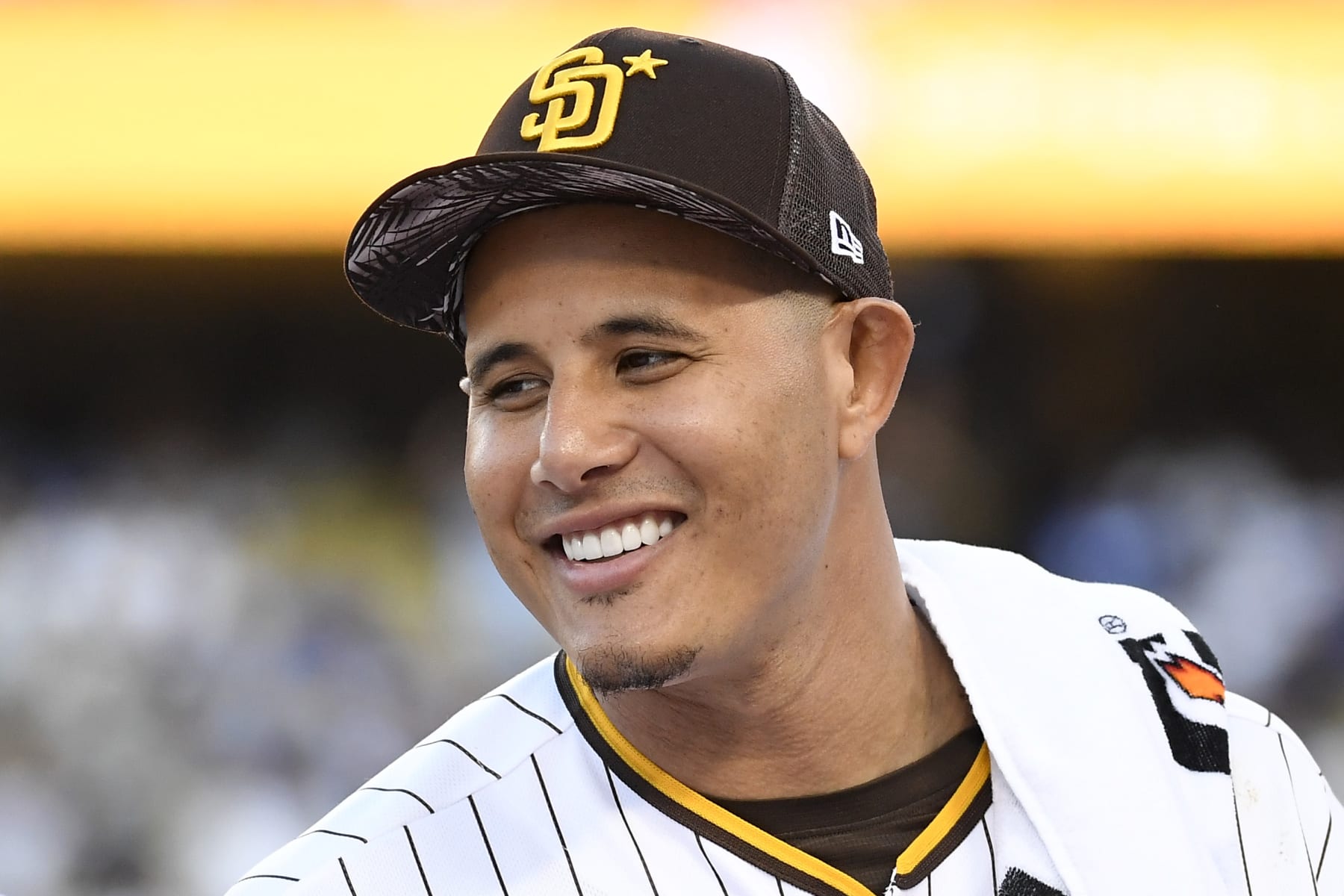 LOS ANGELES, CALIFORNIA - JULY 18: Manny Machado #13 of the San Diego Padres looks on during the 2022 T-Mobile Home Run Derby at Dodger Stadium on July 18, 2022 in Los Angeles, California. (Photo by Kevork Djansezian/Getty Images)
