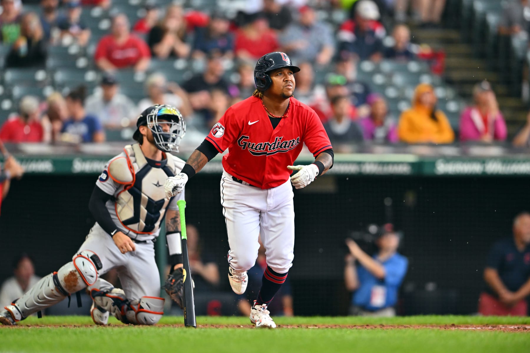 CLEVELAND, OHIO - JULY 16: Jose Ramirez #11 of the Cleveland Guardians runs out a two-run homer during the second inning against the Detroit Tigers at Progressive Field on July 16, 2022 in Cleveland, Ohio. (Photo by Jason Miller/Getty Images)