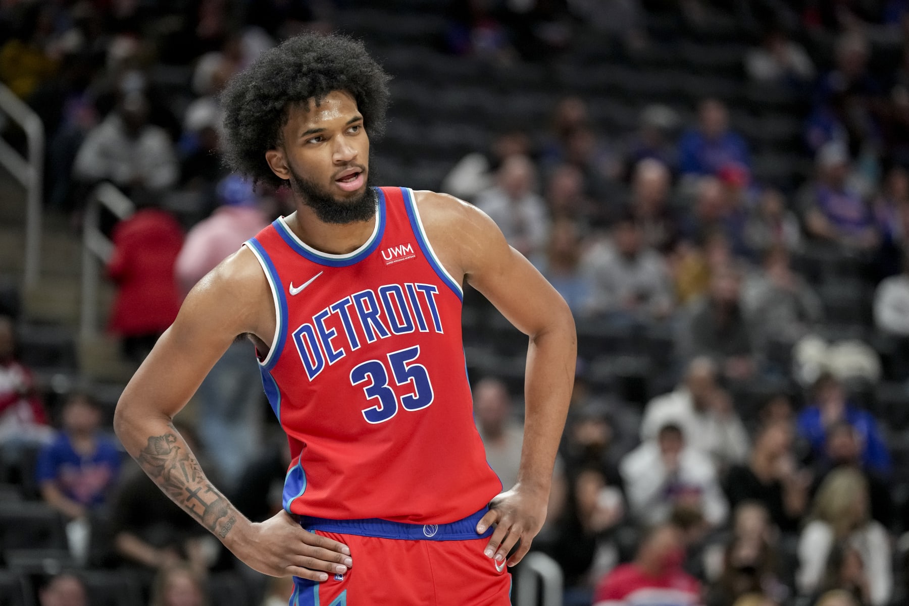 DETROIT, MICHIGAN - MARCH 25: Marvin Bagley III #35 of the Detroit Pistons looks on against the Washington Wizards during the second quarter at Little Caesars Arena on March 25, 2022 in Detroit, Michigan. NOTE TO USER: User expressly acknowledges and agrees that, by downloading and or using this photograph, User is consenting to the terms and conditions of the Getty Images License Agreement. (Photo by Nic Antaya/Getty Images)