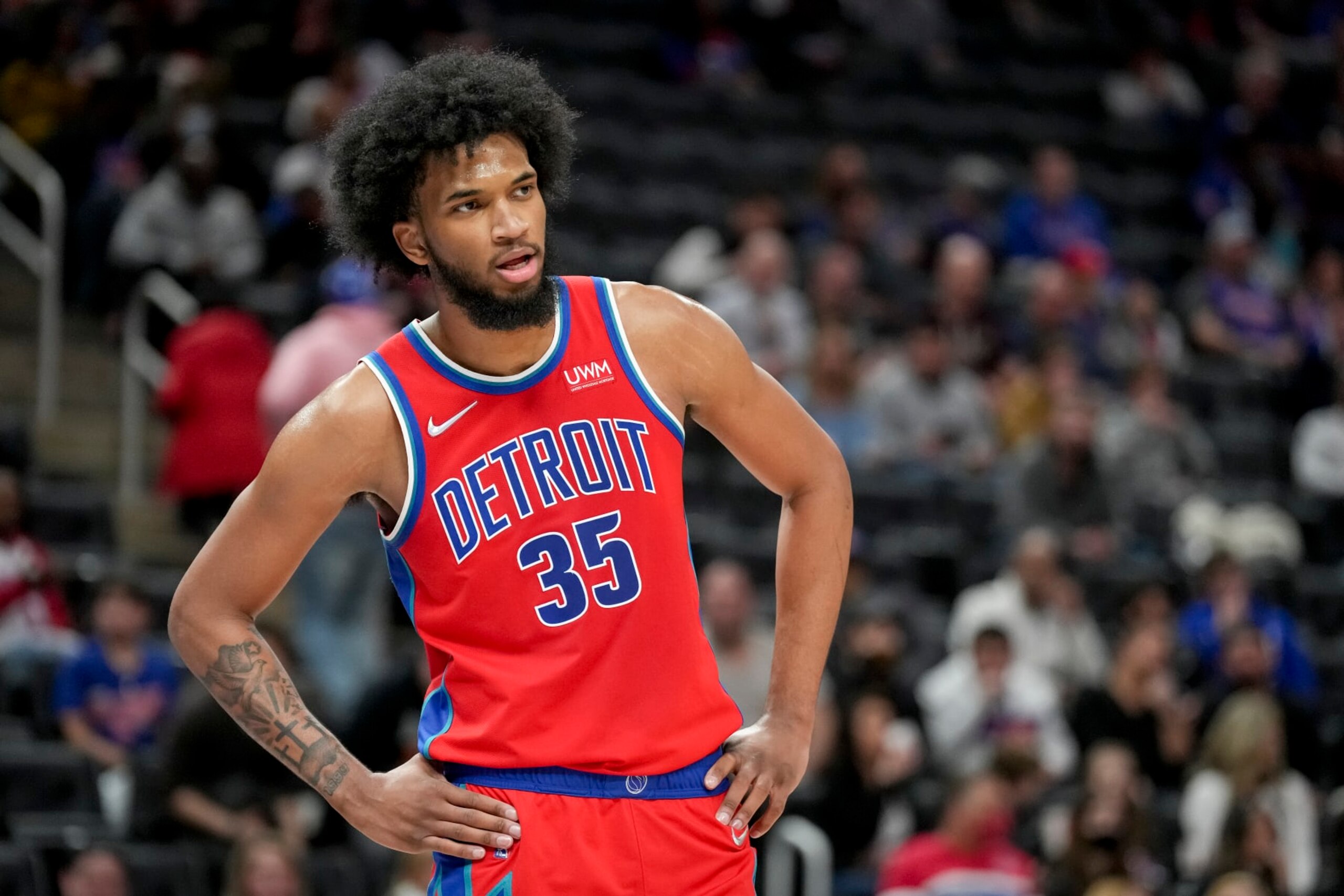 DETROIT, MICHIGAN - MARCH 25: Marvin Bagley III #35 of the Detroit Pistons looks on against the Washington Wizards during the second quarter at Little Caesars Arena on March 25, 2022 in Detroit, Michigan. NOTE TO USER: User expressly acknowledges and agrees that, by downloading and or using this photograph, User is consenting to the terms and conditions of the Getty Images License Agreement. (Photo by Nic Antaya/Getty Images) DETROIT, MICHIGAN - MARCH 25: Marvin Bagley III #35 of the Detroit Pistons looks on against the Washington Wizards during the second quarter at Little Caesars Arena on March 25, 2022 in Detroit, Michigan. NOTE TO USER: User expressly acknowledges and agrees that, by downloading and or using this photograph, User is consenting to the terms and conditions of the Getty Images License Agreement. (Photo by Nic Antaya/Getty Images)