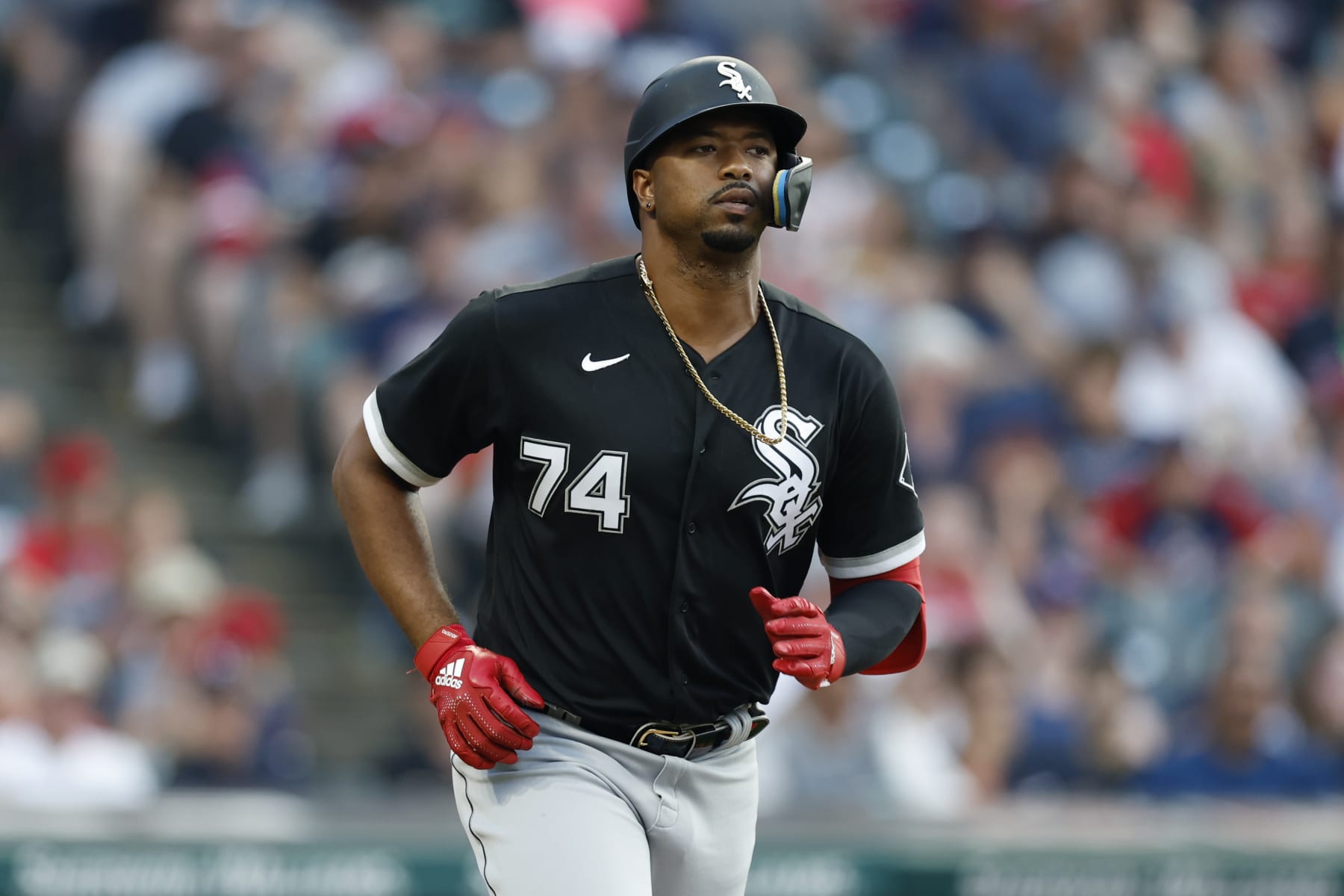 CLEVELAND, OH - JULY 11: Eloy Jimenez #74 of the Chicago White Sox plays against the Cleveland Guardians during the fourth inning at Progressive Field on July 11, 2022 in Cleveland, Ohio. (Photo by Ron Schwane/Getty Images)