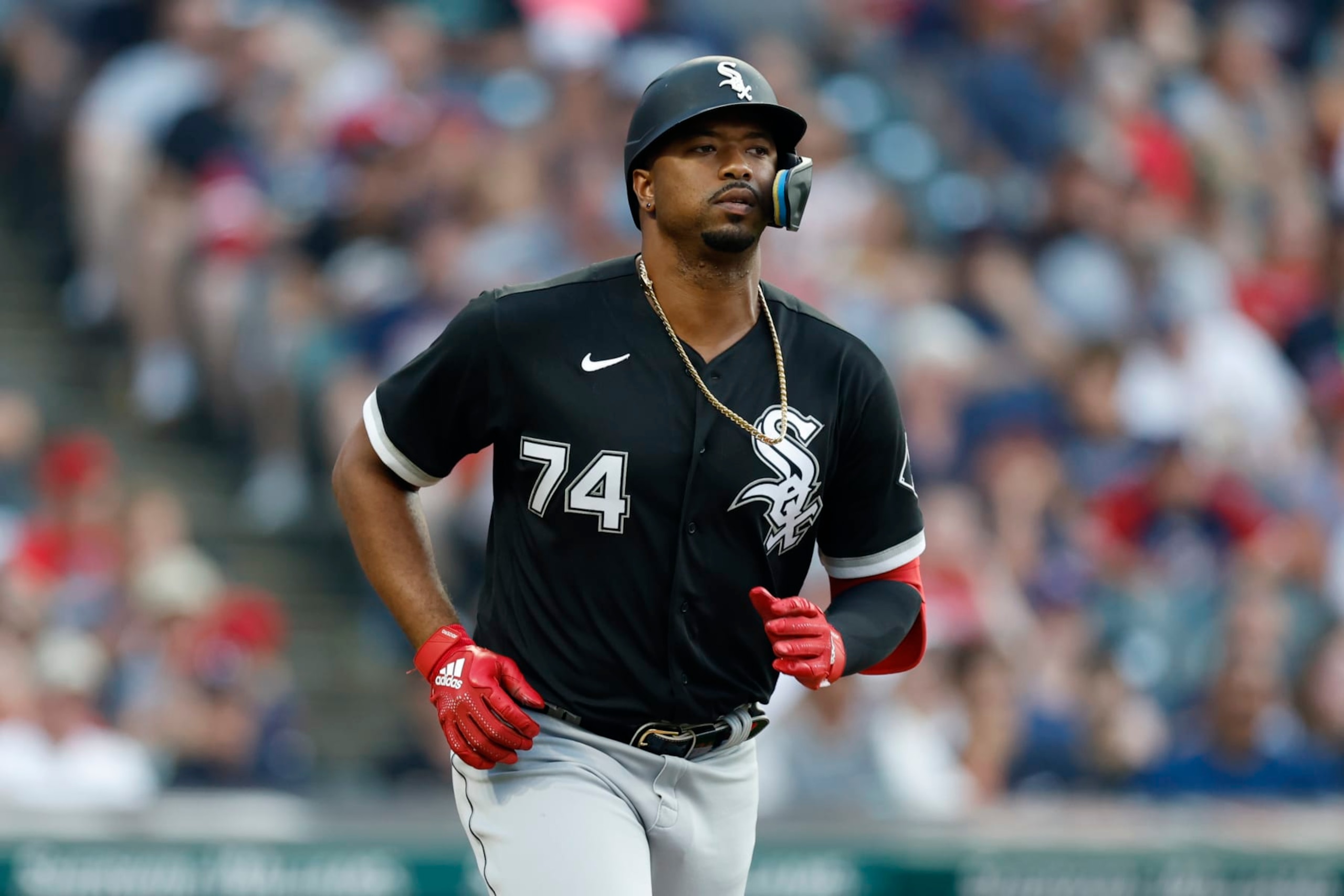 CLEVELAND, OH - JULY 11: Eloy Jimenez #74 of the Chicago White Sox plays against the Cleveland Guardians during the fourth inning at Progressive Field on July 11, 2022 in Cleveland, Ohio. (Photo by Ron Schwane/Getty Images)