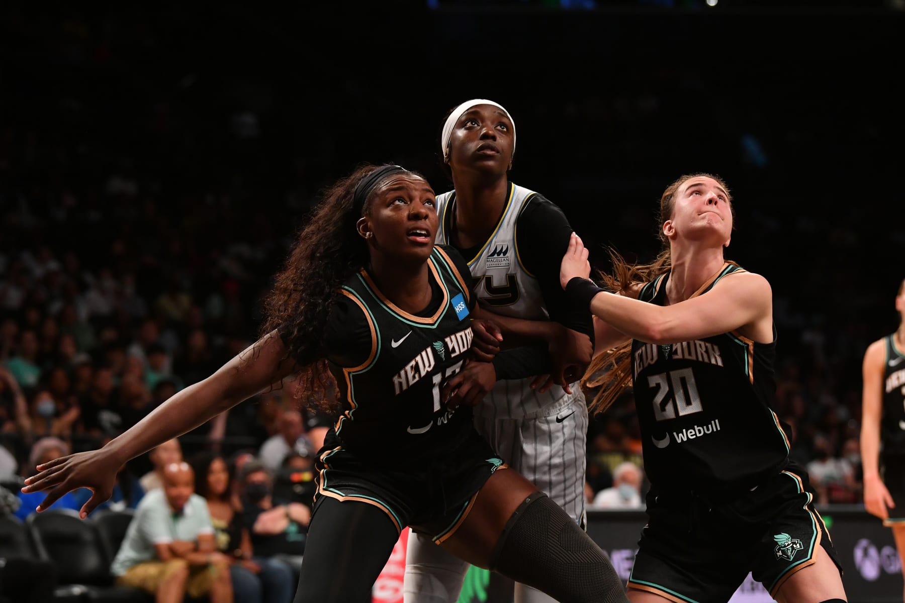 BROOKLYN, NY - JULY 23: Michaela Onyenwere #12 of the New York Liberty plays defense on Kahleah Copper #2 of the Chicago Sky on July 23, 2022 at the Barclays Center in Brooklyn, New York. NOTE TO USER: User expressly acknowledges and agrees that, by downloading and or using this photograph, user is consenting to the terms and conditions of the Getty Images License Agreement. Mandatory Copyright Notice: Copyright 2022 NBAE (Photo by Catalina Fragoso/NBAE via Getty Images)